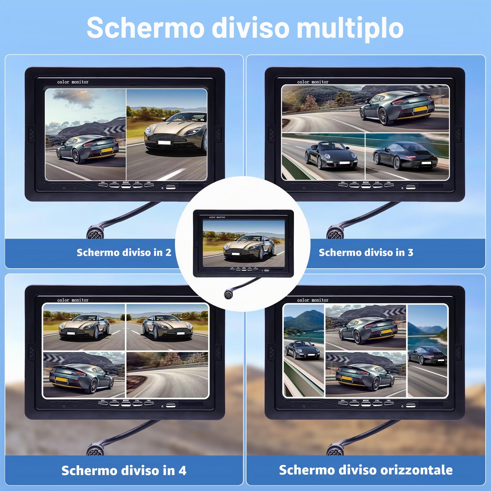 CAMECHO Sistema Doppio Telecamera Posteriore Impermeabile Visione Notturna Fotocamera di Backup Anteriore + 7 '' 4-Split Monitor + 33ft cavo 12V 24V per auto rimorchio camper bus