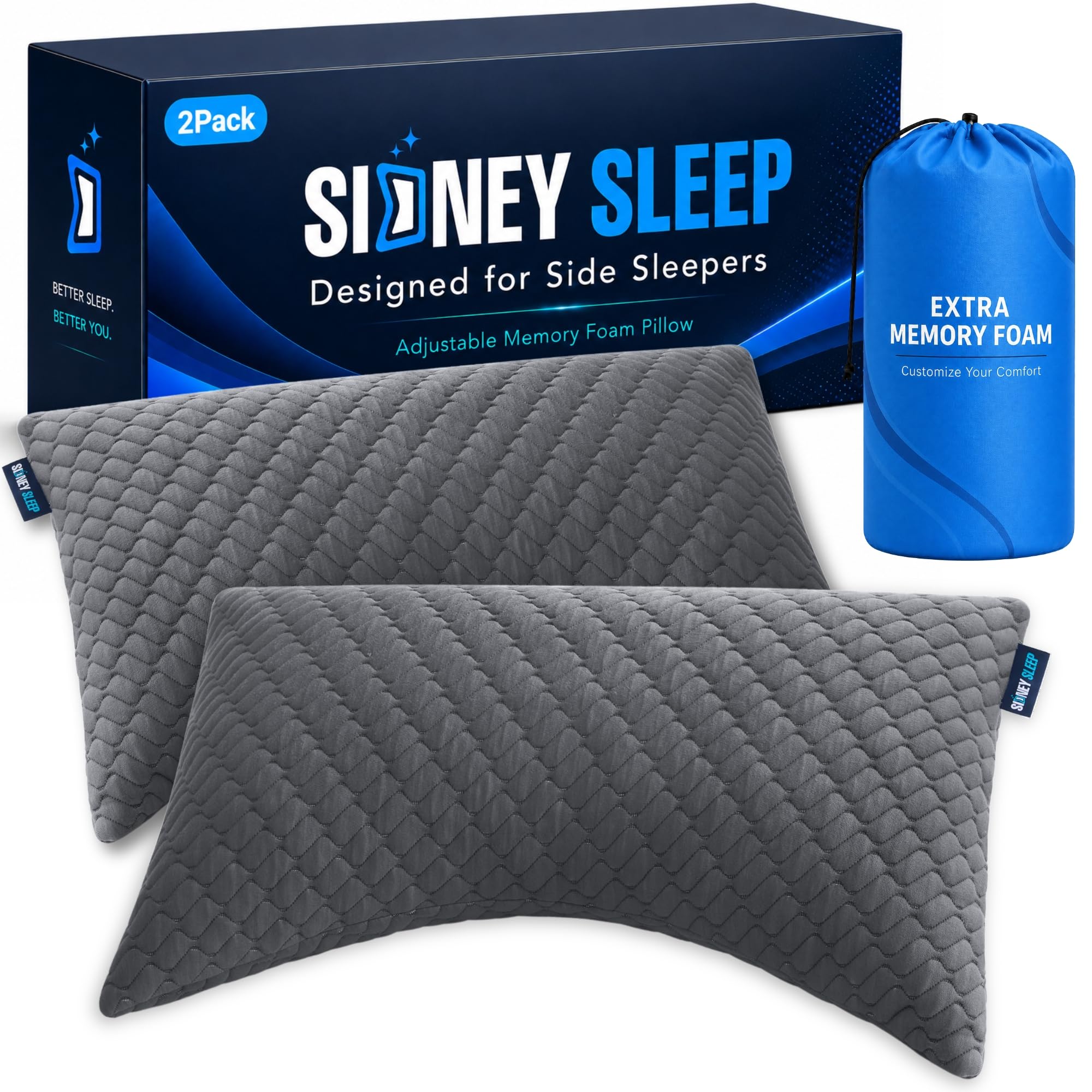 Sidney Sleep Set of 2 Queen Size Bed Pillows for Side and Back Sleepers - Adjustable Filling - Memory Foam Pillows for Neck and Shoulder Pain - Customizable Loft - Extra Foam Included (Grey)