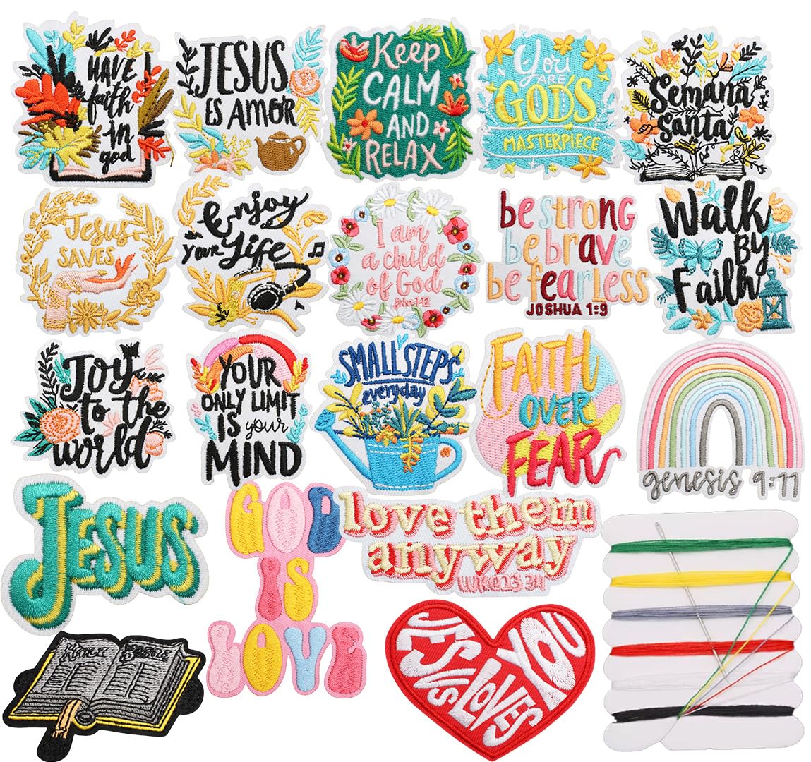 20 PCS Bible Verse Patches Bible Phrase Embroidered Patches Iron on Sew on Applique for Backpacks Pants Clothes Bags Jackets Vests Coat Uniforms Jeans Dress Hat DIY Decoration