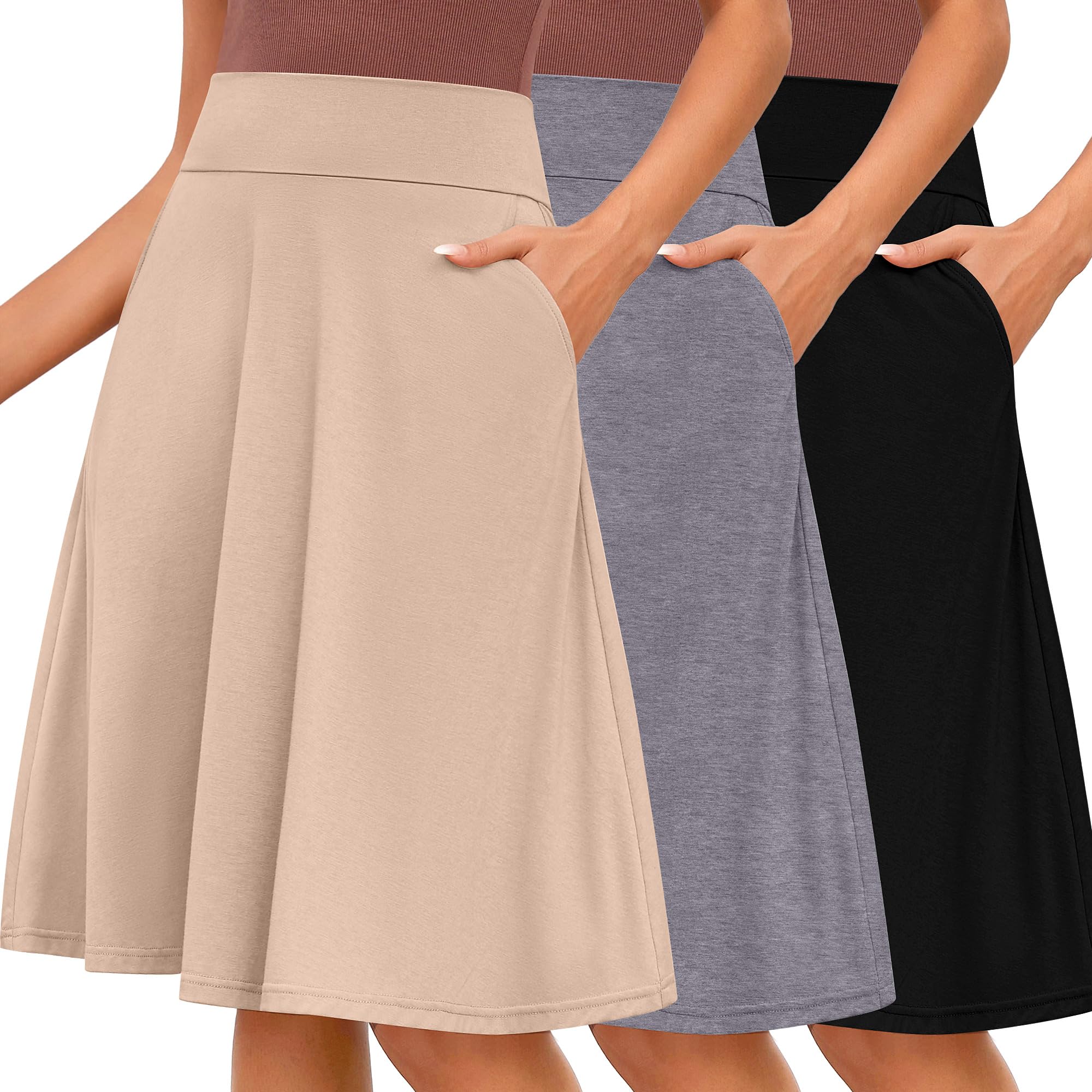 Riyiper 3 Pack Women's Knee Length Skirts, Casual High Waisted Flared Midi A Line Summer Basic Pull-on Skirts with Pockets