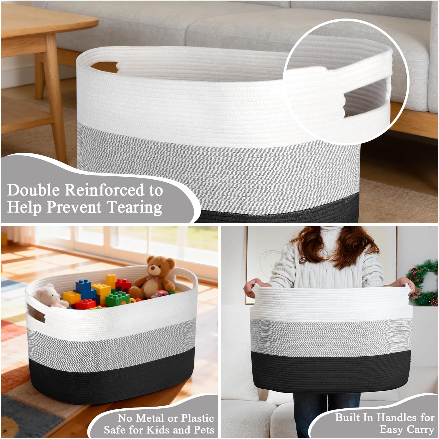 120L Extra Large Blanket Basket, XXXL Woven Cotton Rope Storage Basket for Pillows, Clothes & Laundry, Oversized Toy Storage Basket with Handles for Living Room, Kids Room & Bedroom (Black/White)