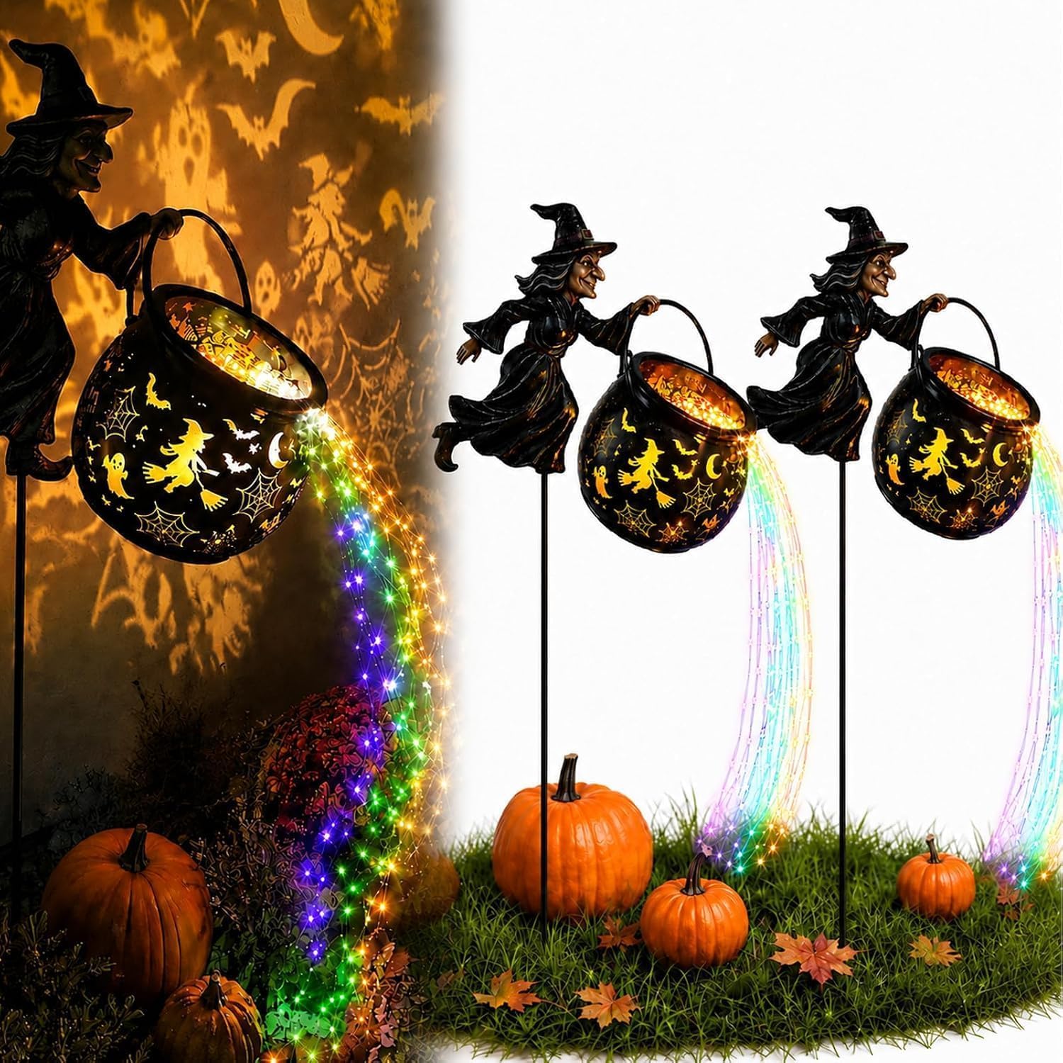 Halloween Witch Cauldron, Halloween Solar Garden Lights Solar Watering Can Light Waterproof Witch Potion Waterfall Garden Lamp, Outdoor Decor for Patio, Lawn, Pathway (2PC-Black, 72cm)
