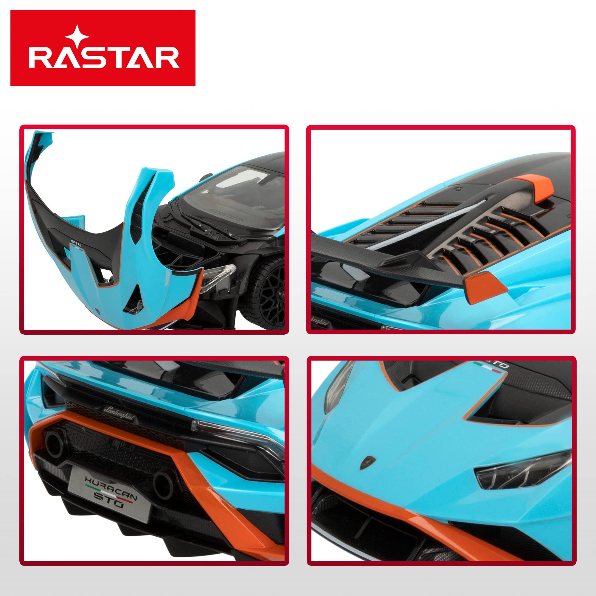 ColorBaby Rastar, Lamborghini Hurricane STO Niebieski samochód zdalnie sterowany ze światłami LED i otwieranymi drzwiami, samochody dla dzieci i dorosłych, zabawka dla dzieci, samochód zdalnie