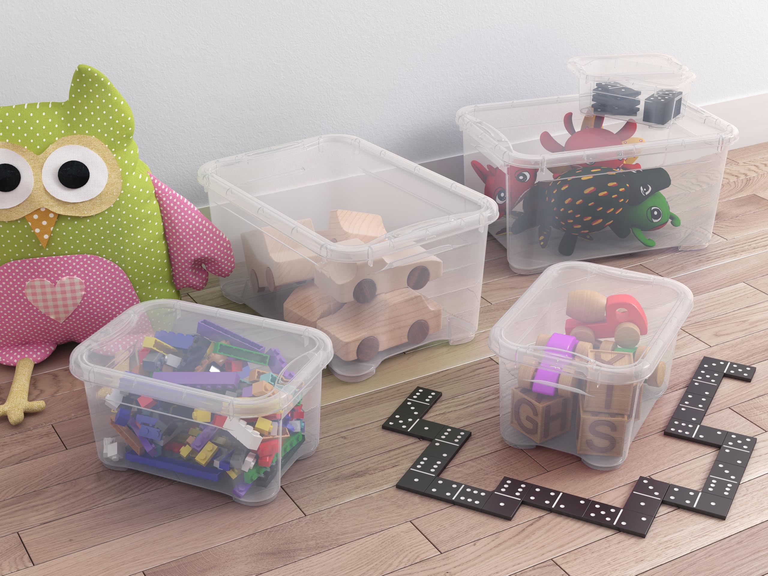 Keter Set di 10 Contenitori in Plastica con Coperchio T Box, Trasparenti, Ideali come Portaoggetti, Adatti per Armadi, Garage e Ufficio, Taglie Miste