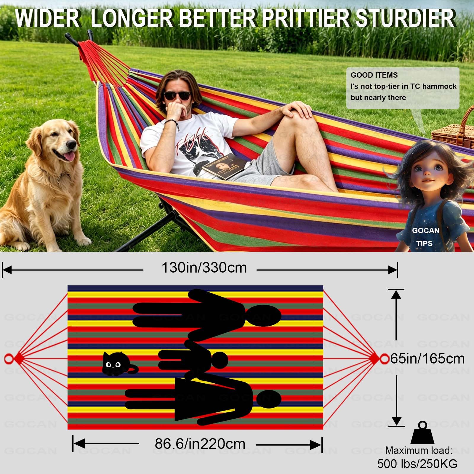 GOCAN XXL Hängematte 2 Personen 220x160cm Gesamtlänge 330cm Last 300kg Leinwand-Baumwoll-Hängematte Outdoor für Garten Indoor Kinder Balkon Rot