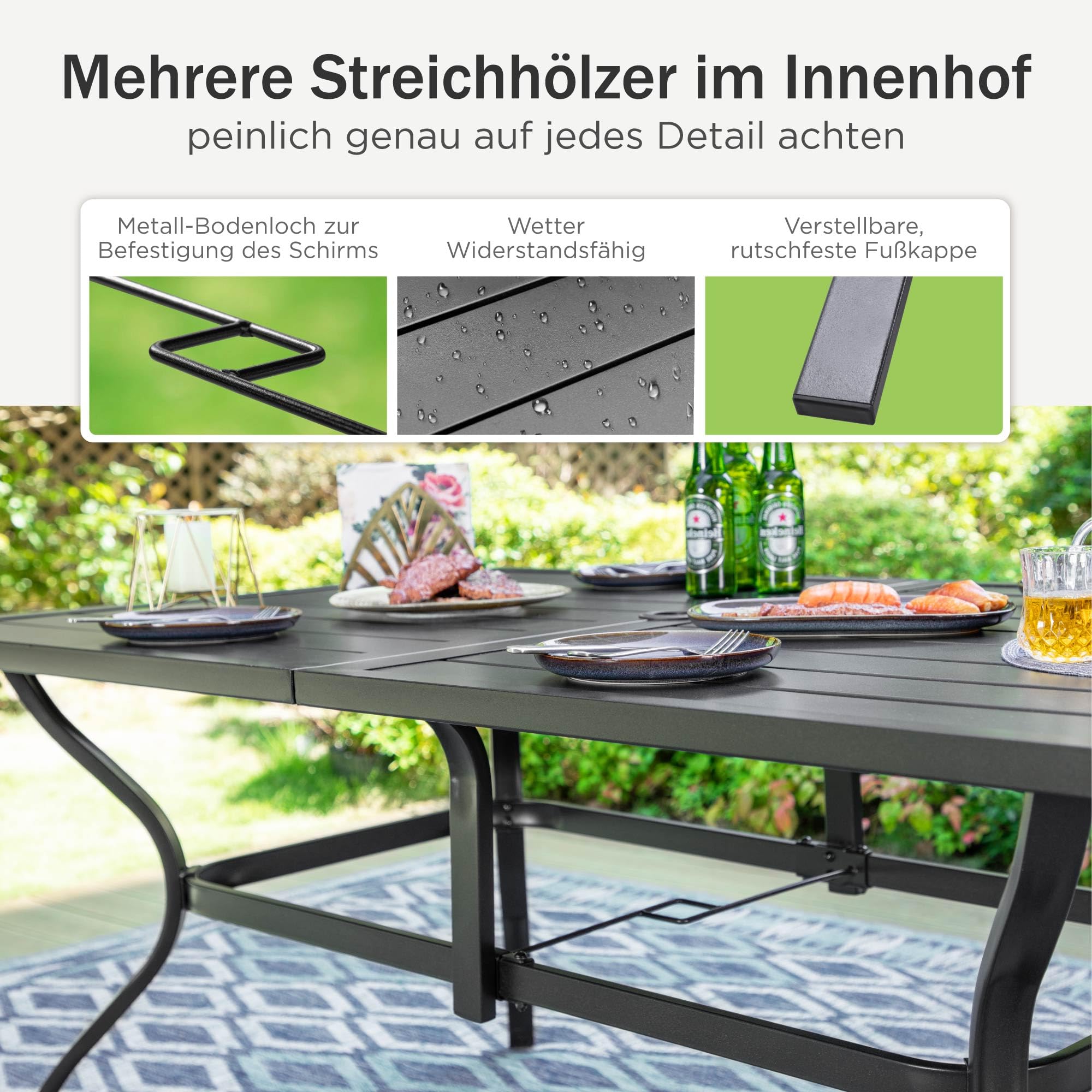 PHI VILLA 7-teiliges Gartenmöbel Set, Terrassenmöbel Outdoor mit 1 Rechteckig Gartentisch und 6 Textilene Stapelstühlen, Wetterfest E-Beschichtung Metall Gartenset für Hinterhof Veranda Poolbereich