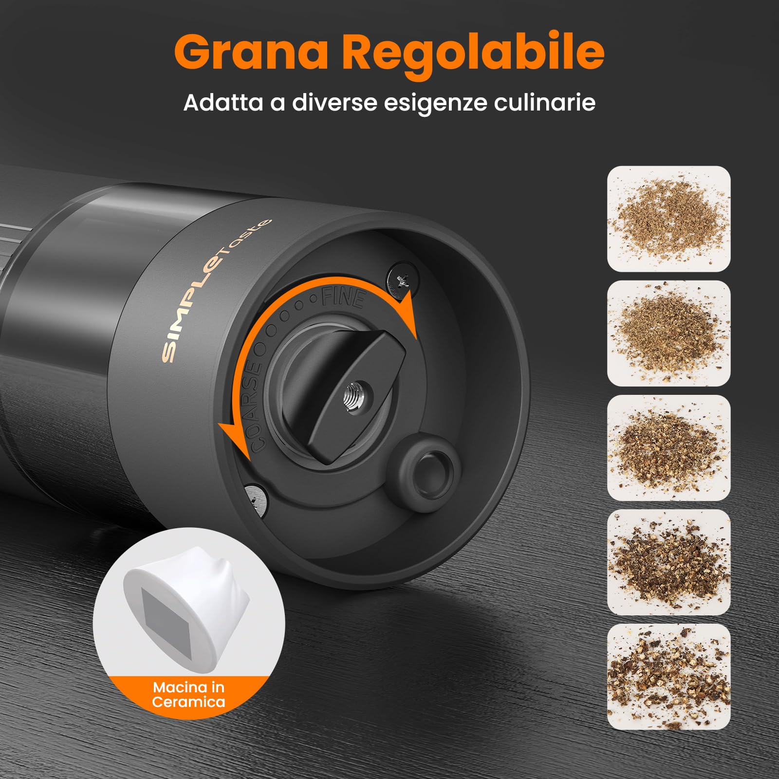 SIMPLETASTE Macina Sale e Pepe Elettrico Ricaricabile con Luce LED e Coperchio Antipolvere, Macinino Automatico con Grana Regolabile, Uso con una Mano, Ideale per Cucina, Tavola e Regalo