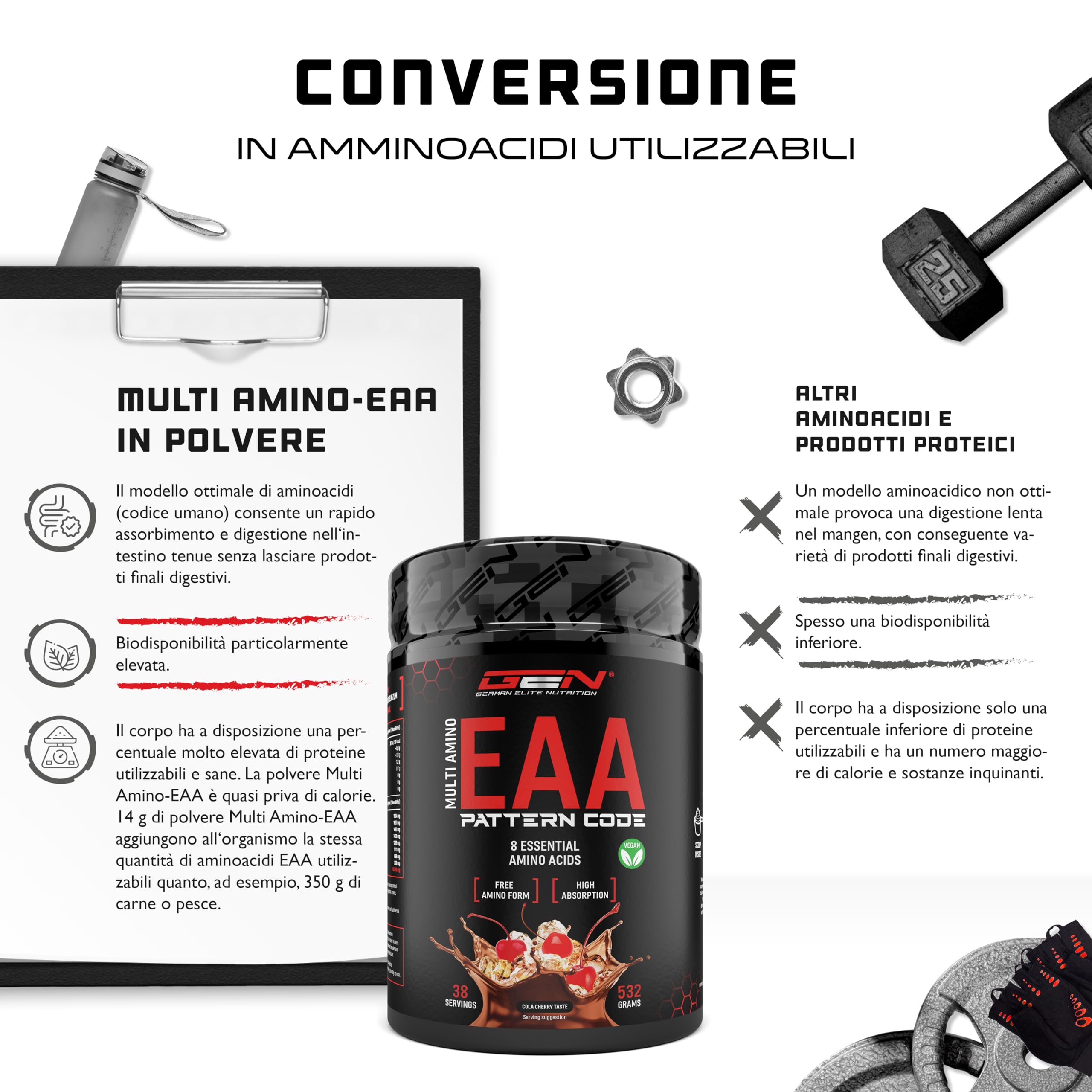 EAA Polvere - 532 g - (Cola Cherry) - Formula Codice Umano - Tutti gli 8 aminoacidi essenziali - Bevanda Amino per l'Allenamento - Gusto delizioso - Vegano