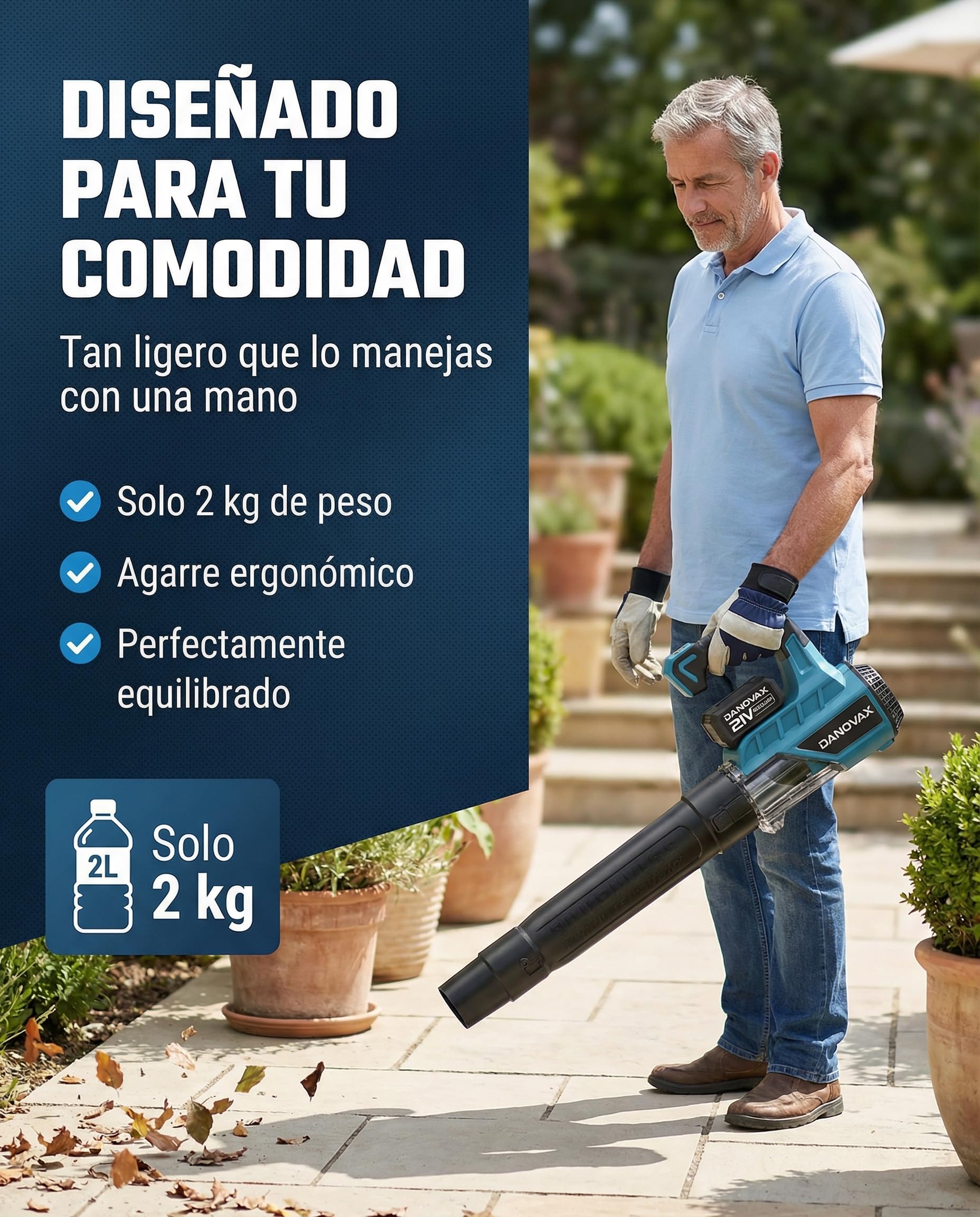 Soplador de Hojas - 2 Baterías 4Ah Incluidas - Motor Brushless - 3 Velocidades - Gran Potencia de Soplado hasta 260 km/h – Cargador con Base - Bolsa de Transporte y Guantes Incluidos