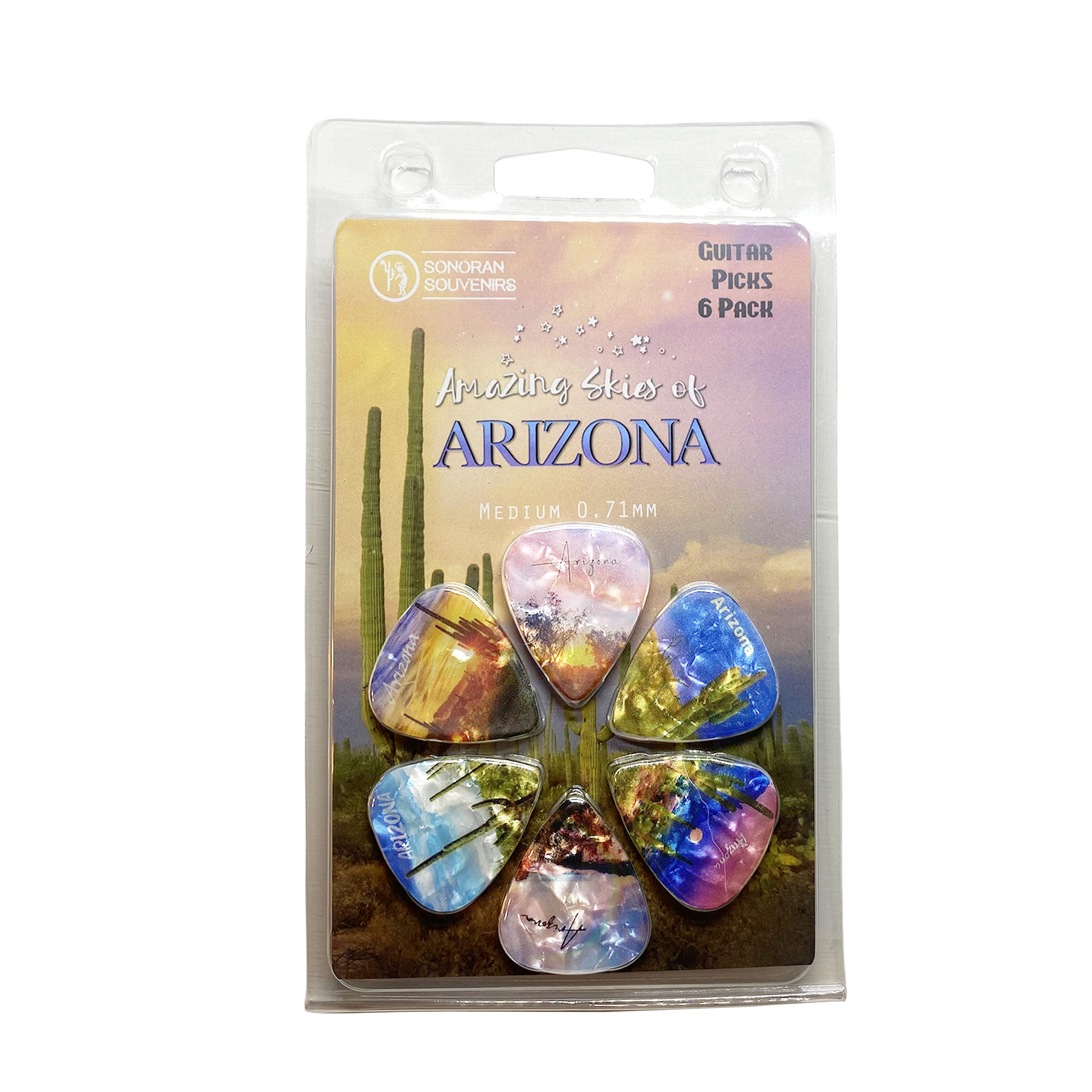ARIZONA Souvenir Gift Guitar Picks 6 Pack Medium 0.71mm Assorted Designs Unique Gift For Guitarist For Acoustic Electric and Bass Guitars (Arizona Sky)