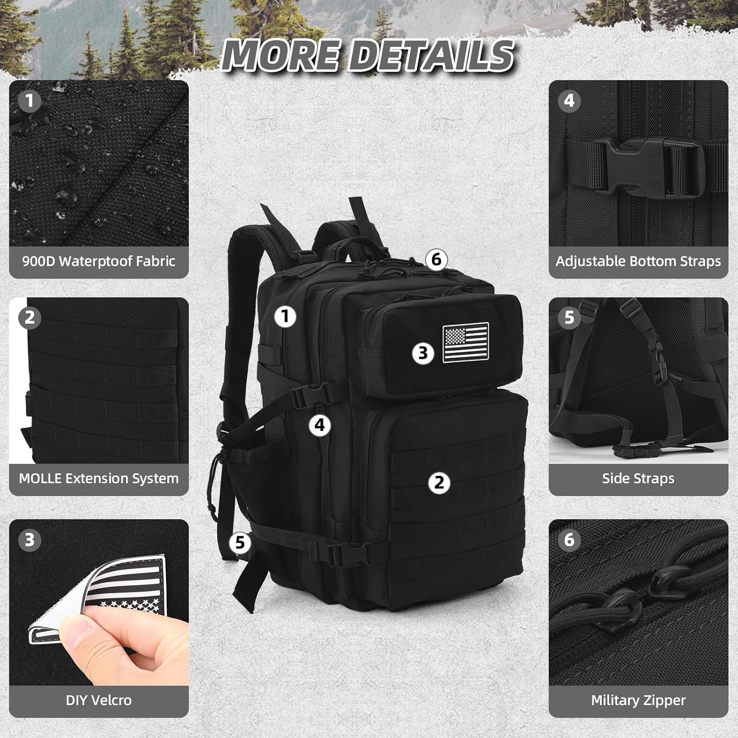 45L Military Tactical Backpack For Men and Women Molle Daypack 3 Day Bug Out Bag Hiking Gym Backpack Rucksack With Bottle Holder Black - Image 6