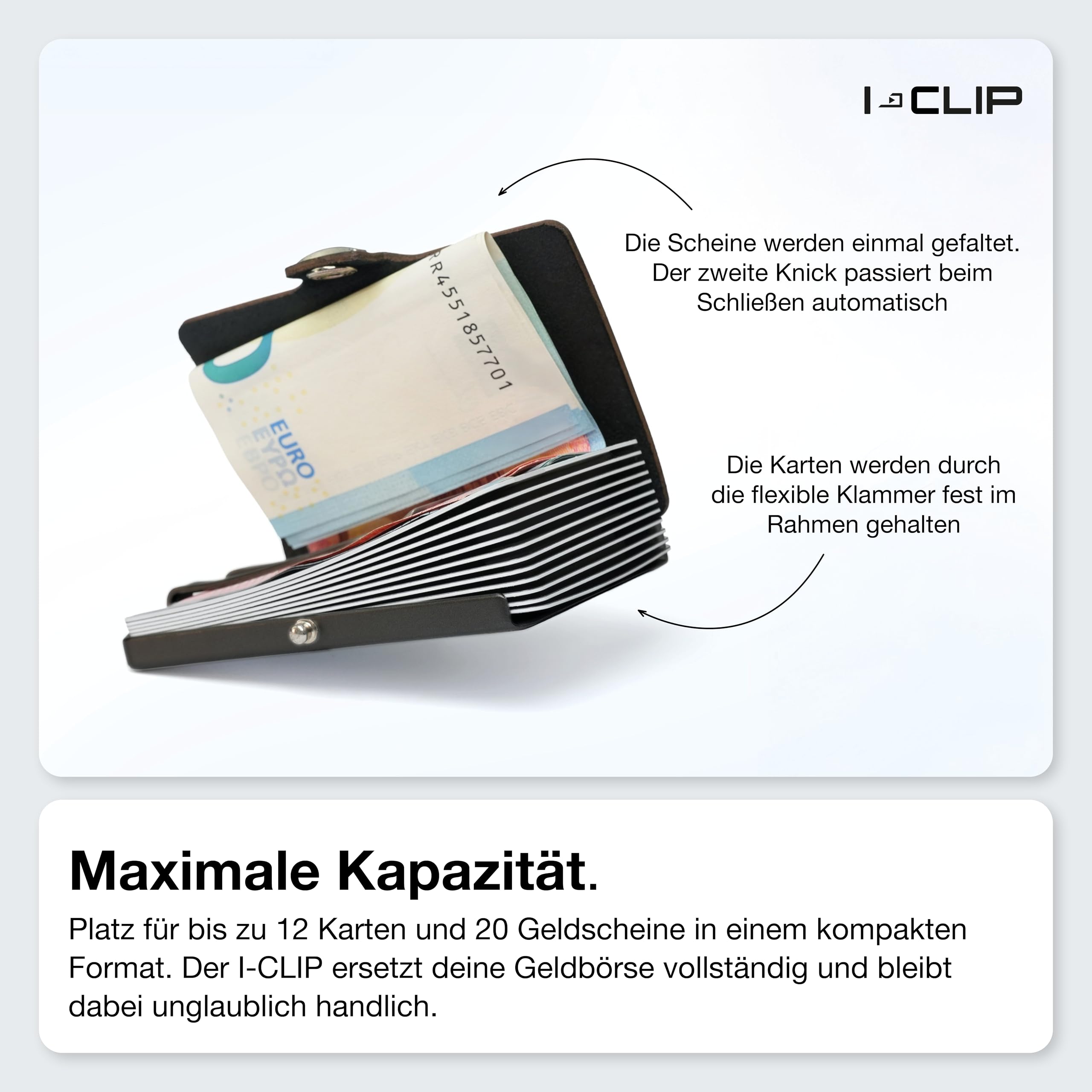 I-CLIP Original Herren Geldbörse – Slim Wallet mit Geldklammer – Mini-Portemonnaie mit Platz für bis zu 12 Karten – Ultraleicht mit nur 22g – Soft Touch Leder Oak – Schwarzer Rahmen