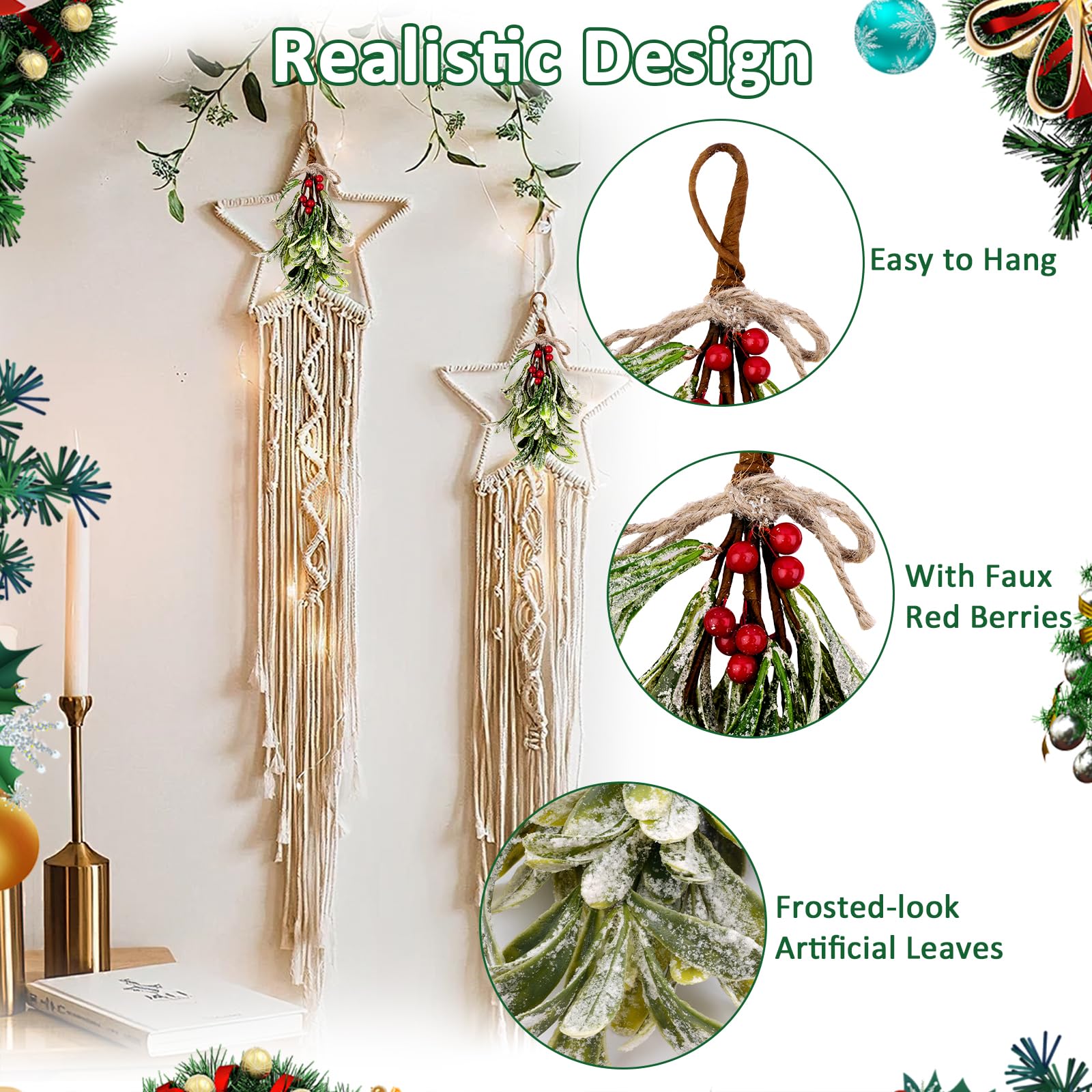 2 Stück Weihnachte Mistelzweig Deko, Mistelzweig Künstlich mit Roten Beeren, Weihnachtsbaum Zubehör Hängedekoration für Tür, Fenster, Baum (23 cm)