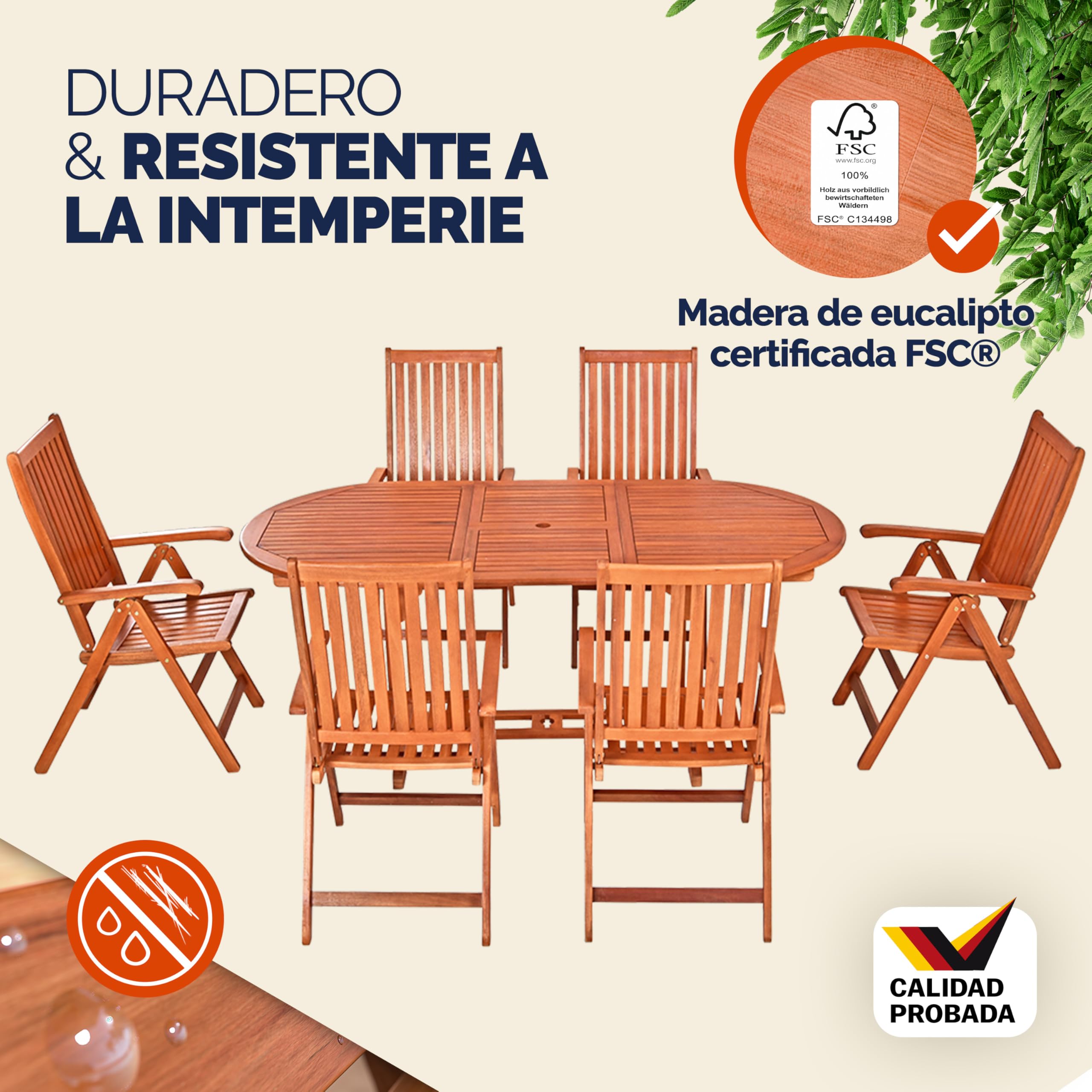 CASARIA® Conjunto de Jardín Exterior Mesa 6 Sillas Juego Comedor Patio Terraza Madera Eucalipto FSC® Asientos Ajustables 5 Posiciones Apilables Tablero Ampliable Apto Sombrilla Resistente Intemperie