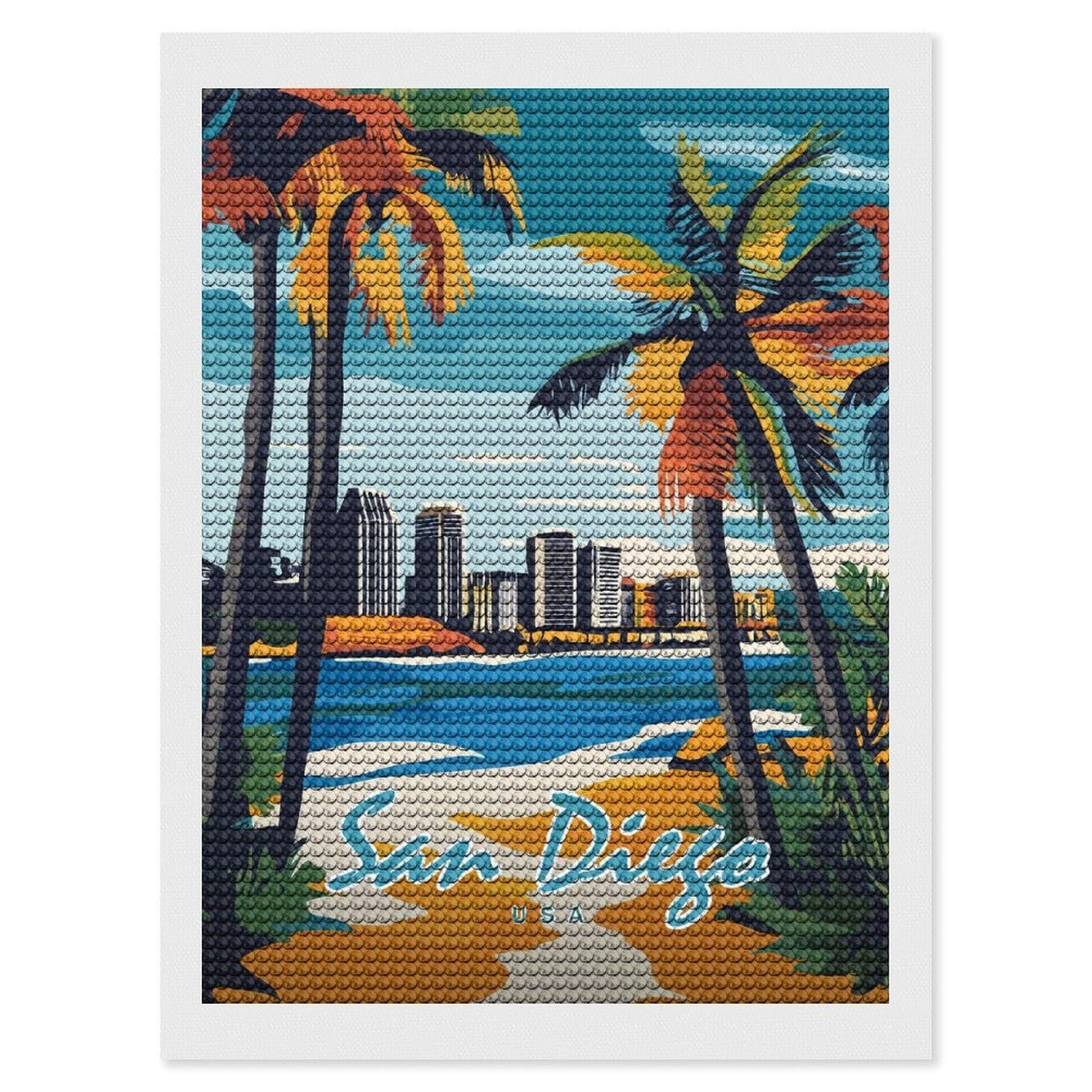 Junmoney San Diego Cityscape Diamond Painting Canvas Set 12"x16", for Adults, Sparkling Round Gems, Thoughtful Handmade Gift, Modern Decor