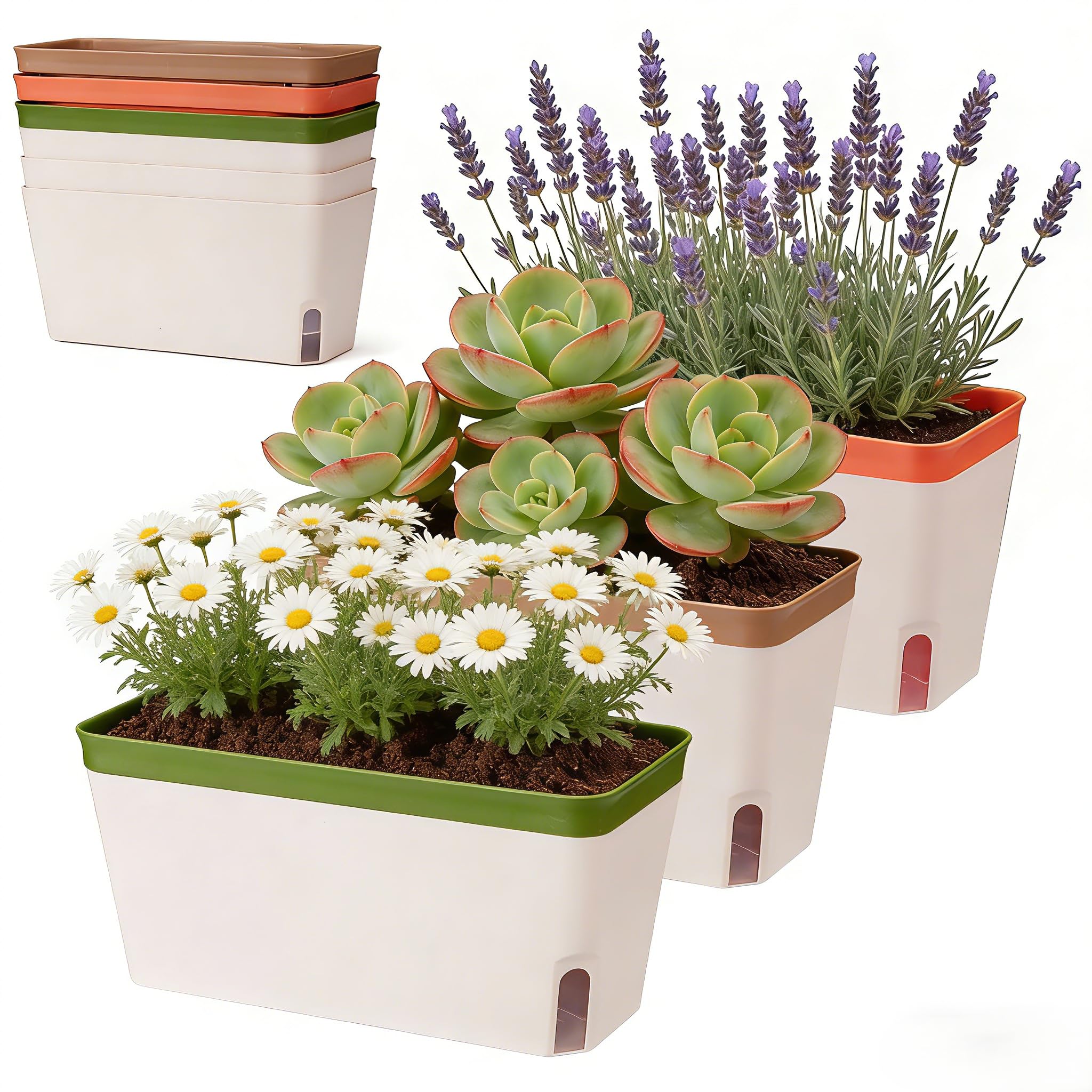 Otopone 3 Pack Self Watering Plant Pot Indoor, Herb Planter with Water Absorption Strips, Rectangular Plastic Flower Pots for Windowsill Kitchen and Garden
