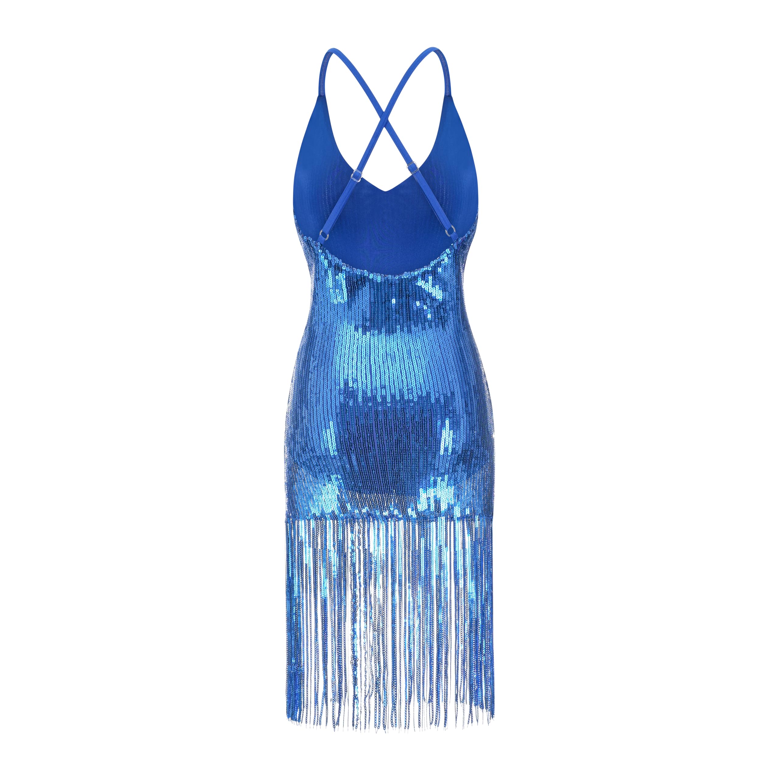 Enchanta Lesla Dance Dress. Long Womens Jazz Dresses with Sequin Fringe and Halter. Party Dance Costume Wear Blue