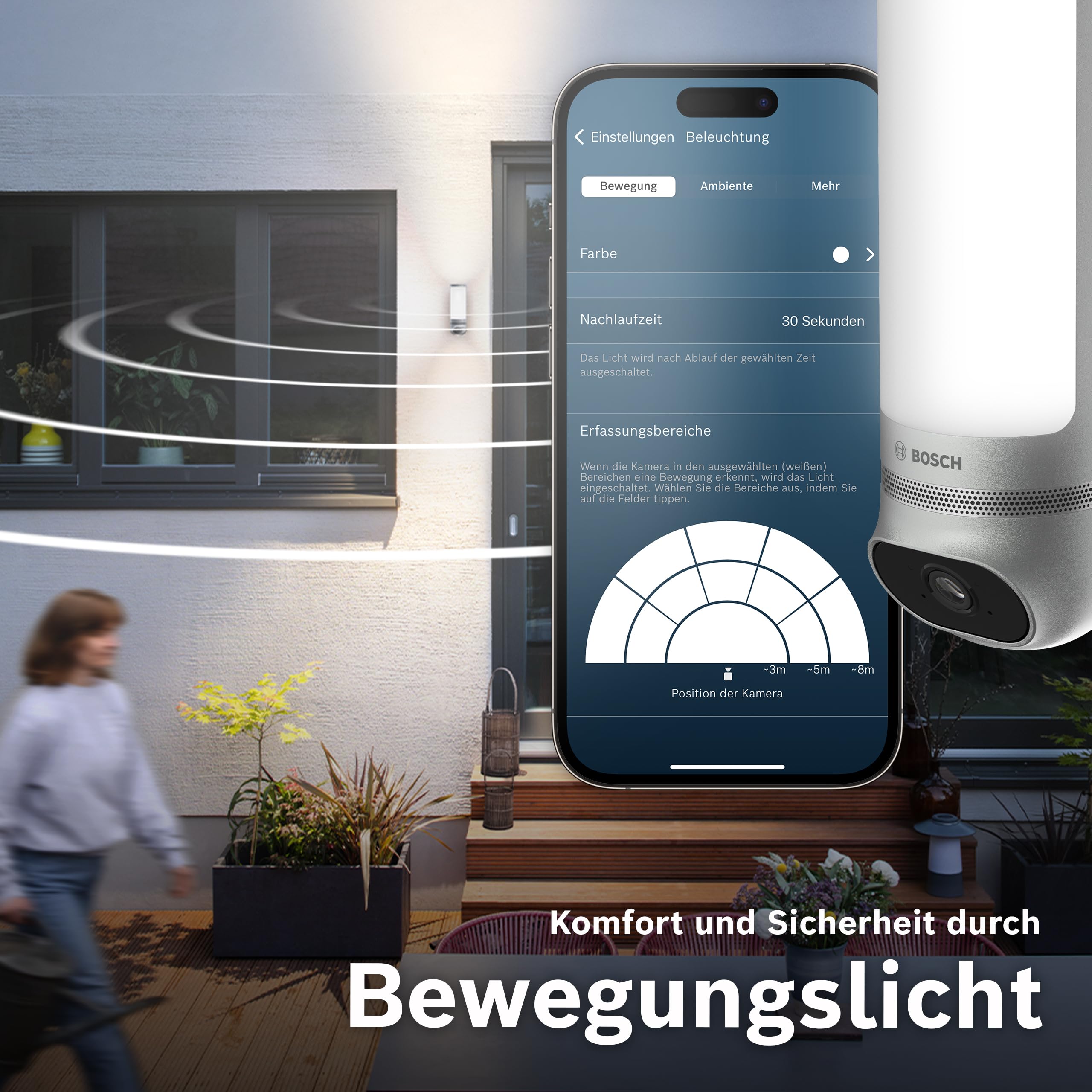 Bosch Smart Home Außenkamera II, Überwachungskamera Außen, 1080p Full-HD Auflösung mit integrierter Alarmsirene und Design-Leuchte, kompatibel mit Amazon Alexa, Silber