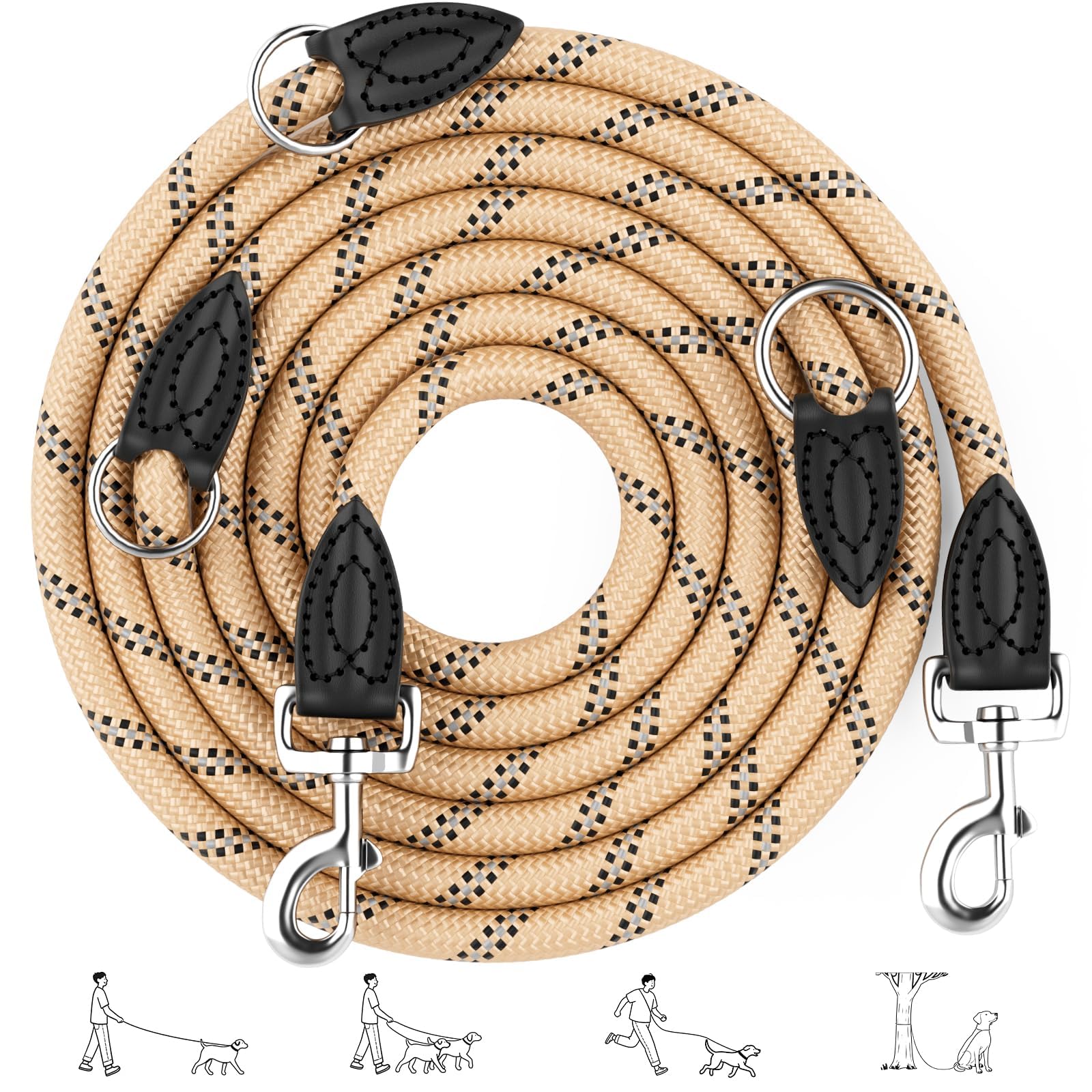 Aystkniet 2M / 3M Verstellbare Hundeleinde für Große und Mittlere Hunde, Multifunktionale Robuste Nylon Freihandleine und Doppelleine mit 2 Karabinen und Premium-Lederverstärkungen, 250kg Zugkraft