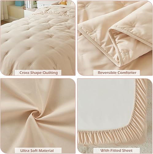 Miniatura 6 de Juego de ropa de cama de 4 piezas para niñas y niños, juego de sábanas de microfibra suave bordado beige para cuna, juego de edredón acolchado