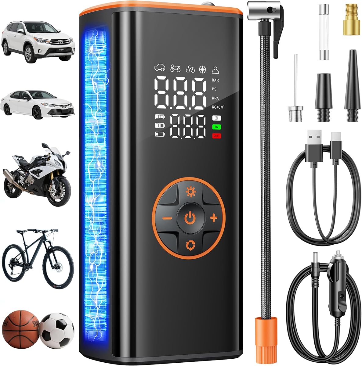 Tire Inflator Portable Air Compressor 5 in 1 Cordless Smart Pump with Tire Pressure Gauge 150PSI and LED Lights for Cars Bikes Motorcycle Balls Custom Mode Inflatables Orange Black