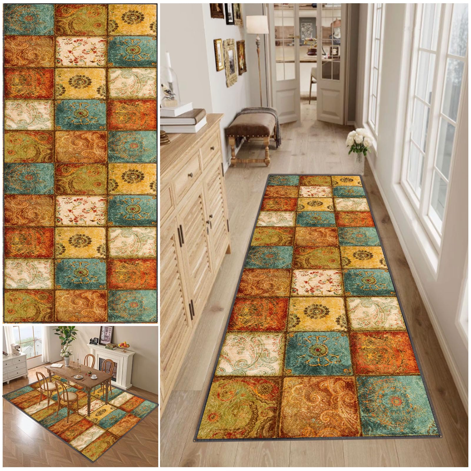 WAWFONG Runner Rugs for Hallway Non Slip, Washable Kitchen Runner Mat, Low Pile Distressed Floor Carpet, Long and narrow hall carpet, 40 x 60 cm Floor Protection Mat for Hallway Living Room Entryway