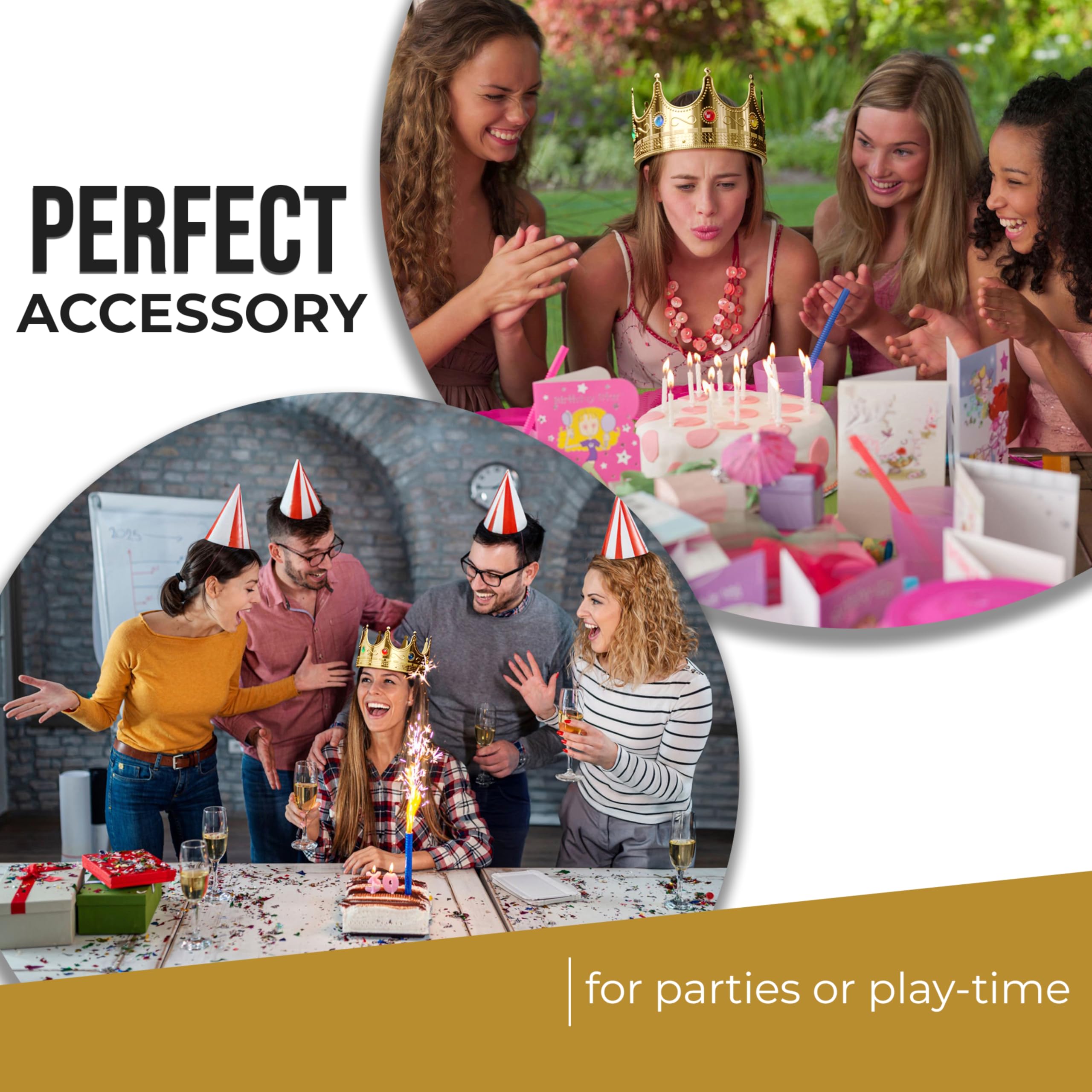 Gold Crown Display Royal Queen and King Crown Luxurious Royal Crowns for Women and Men - 0.75" x 8" Perfect for Parties Prom King Regal Decor & Crowns for Kids Royalty Themed Events