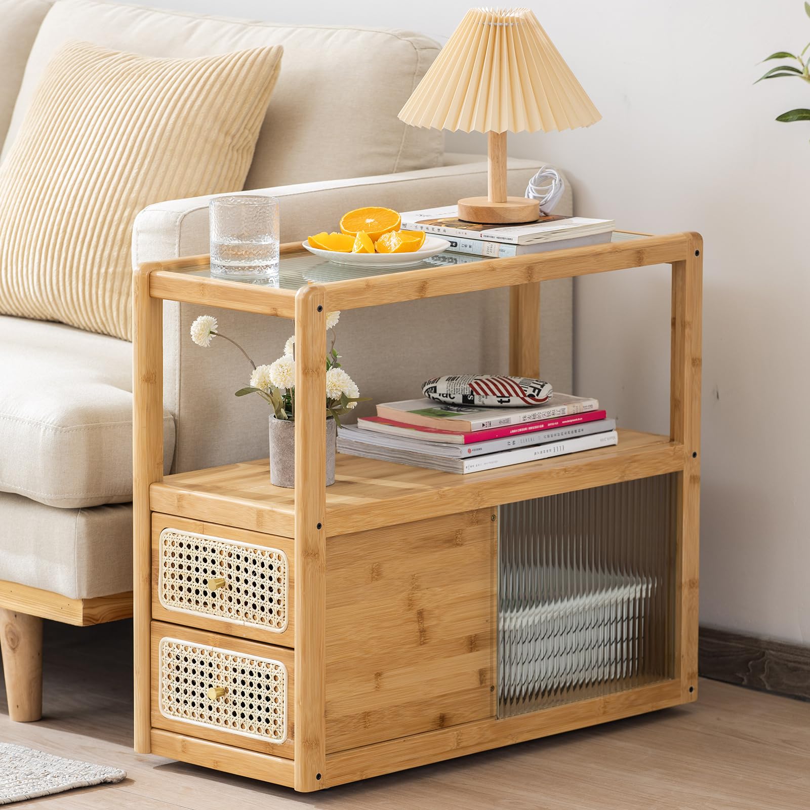 Tiita Rattan Nightstand Side Table, Bamboo Accent Bedside Tables, Glass Coffee Tables, Boho Wooden End Table with Storage for Small Space, Living Room