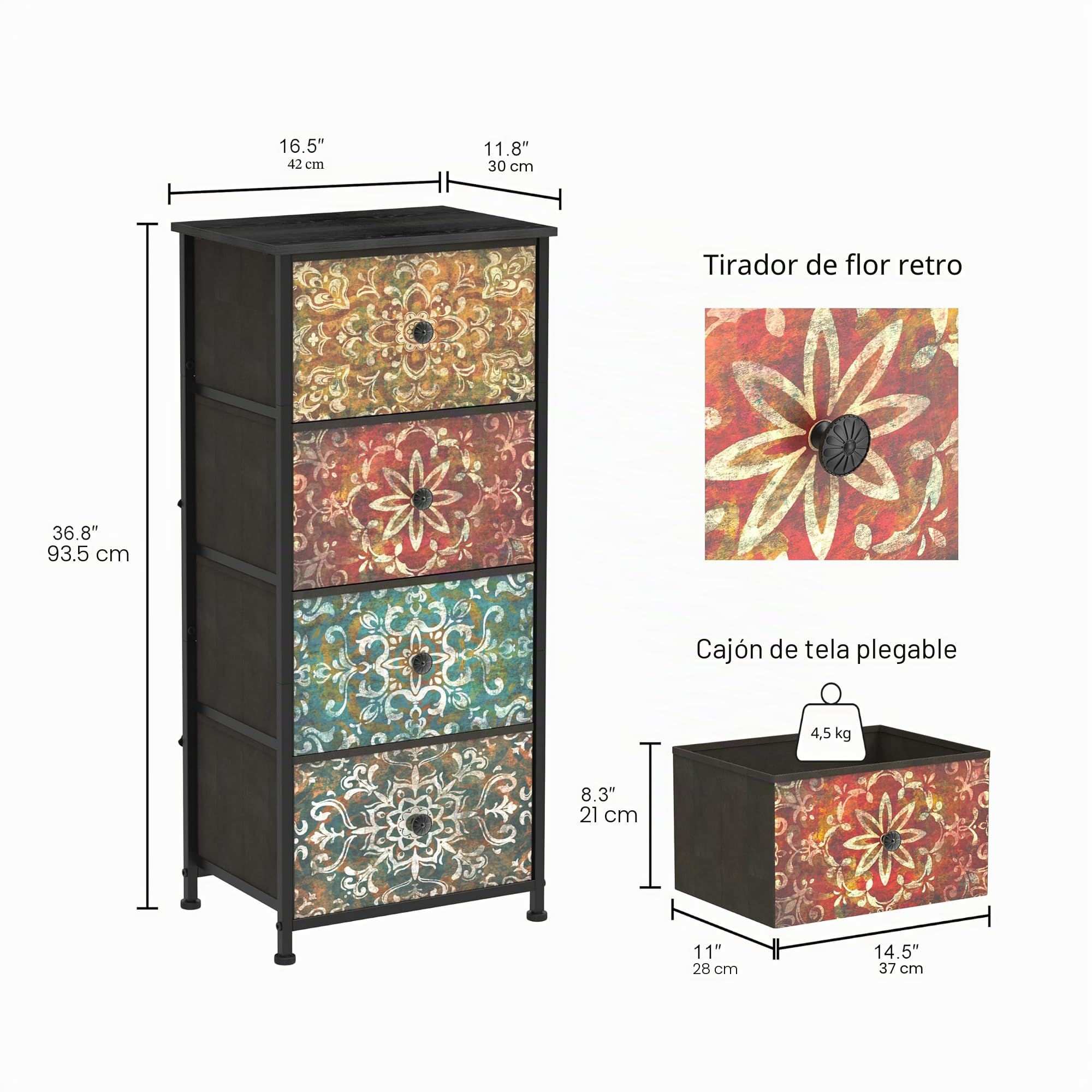 Cómoda con 4 cajones de tela estrecha Armario de tocador bohemio, armario de almacenamiento para dormitorio, armario industrial para salón, habitación infantil, pasillo