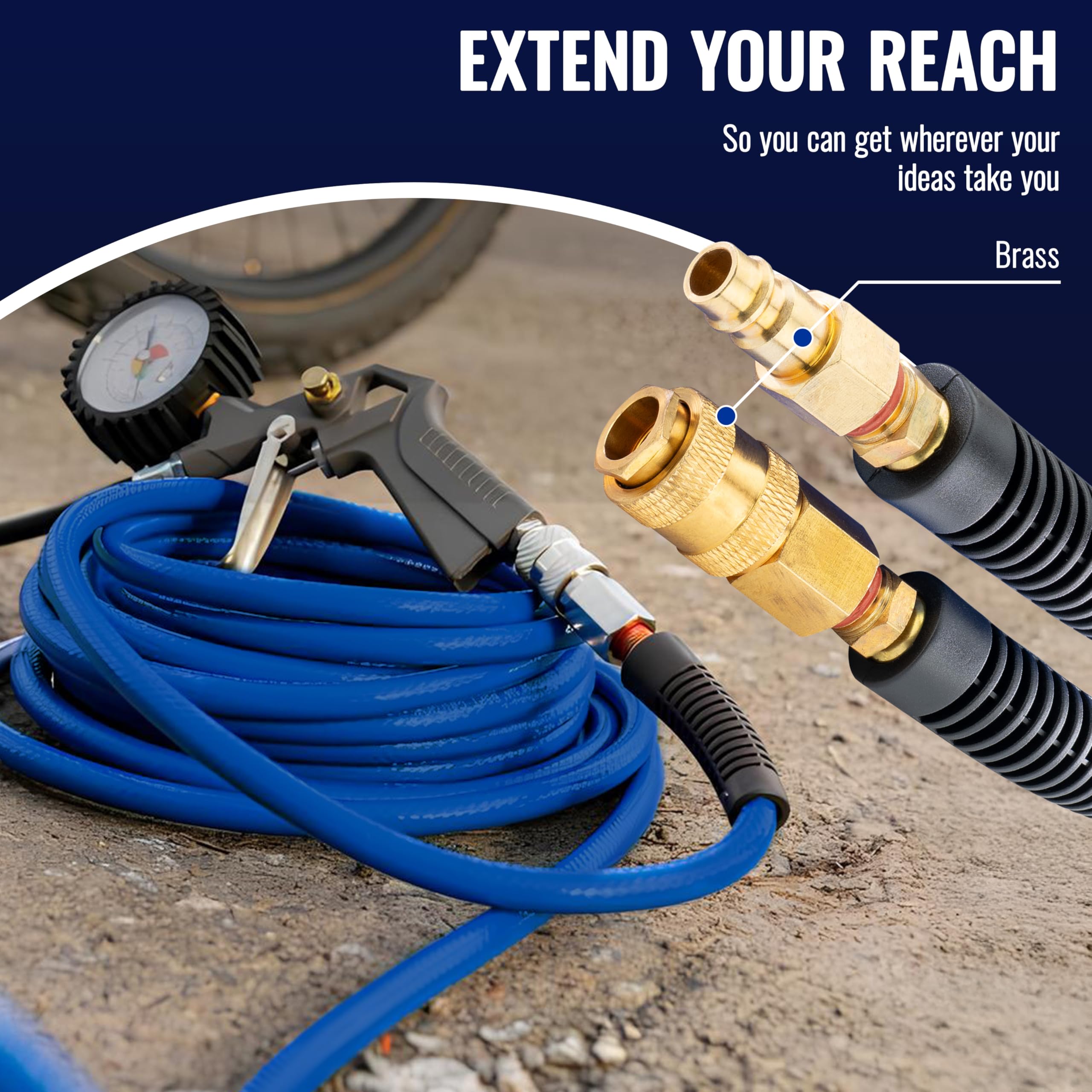 Poppstar PVC Hybrid Compressed Air Hose 5m, ID 6mm, Brass Quick Coupling 1/4", 20 bar, Blue - Image 4