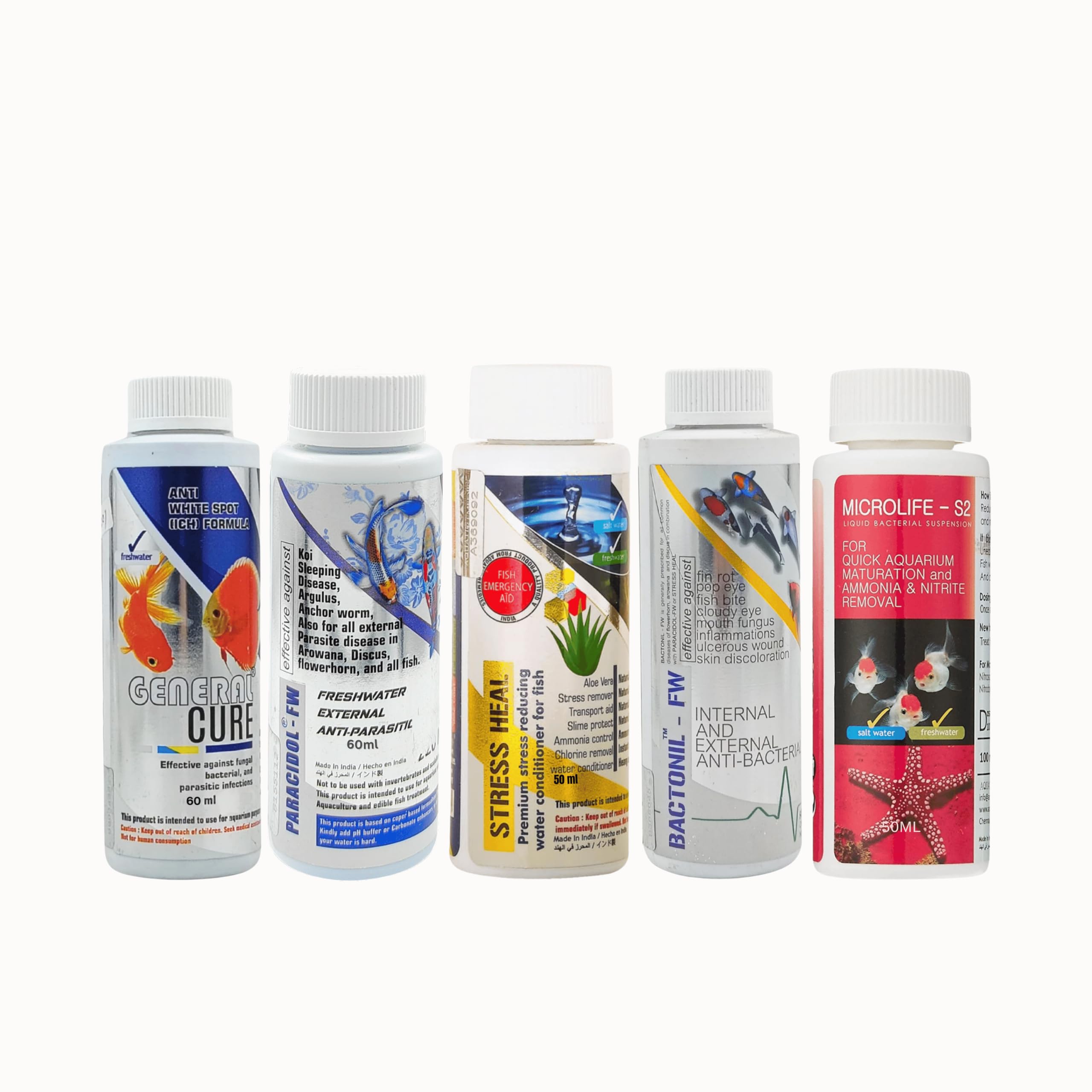 Foodie Puppies Aquatic Remedies 5 in 1 Combo (Bactonil, Stress Heal & Micro Life S2-50ml, Paracidol, & General Cure - 60ml Each) | Anti-Bacterial Effective Fish Skin Treatment with Free Key Ring-image-36
