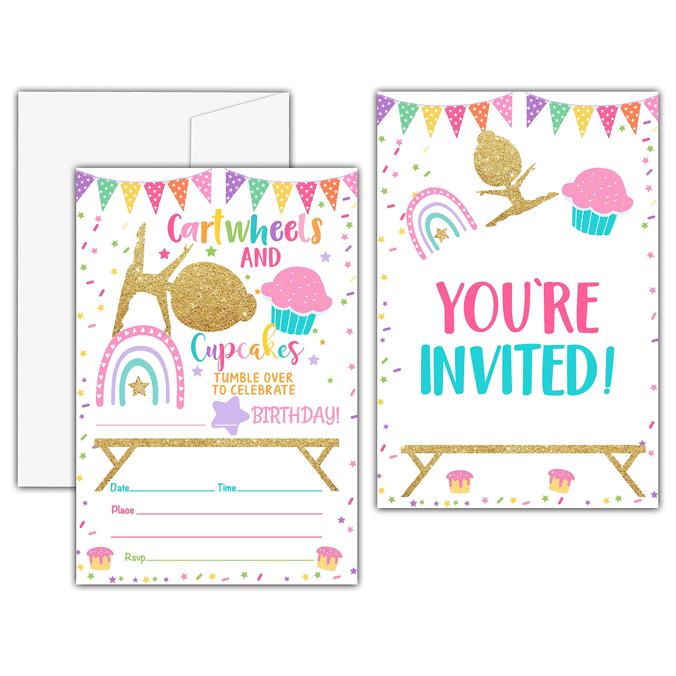 Gymnastics Birthday Invitations, Cartwheels and Cupcakes Birthday Party Invitation Card for Girls, Tumbling Birthday Party Favors & Celebration Supplies(20 Set of Invitations with Envelopes)-B31