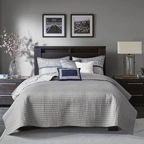 Miniatura 3 de Madison Park Juego de edredón Queen de jacquard lustroso y purpurina, conjunto de cubrecama para cama tamaño Queen  para todas las estaciones, juego