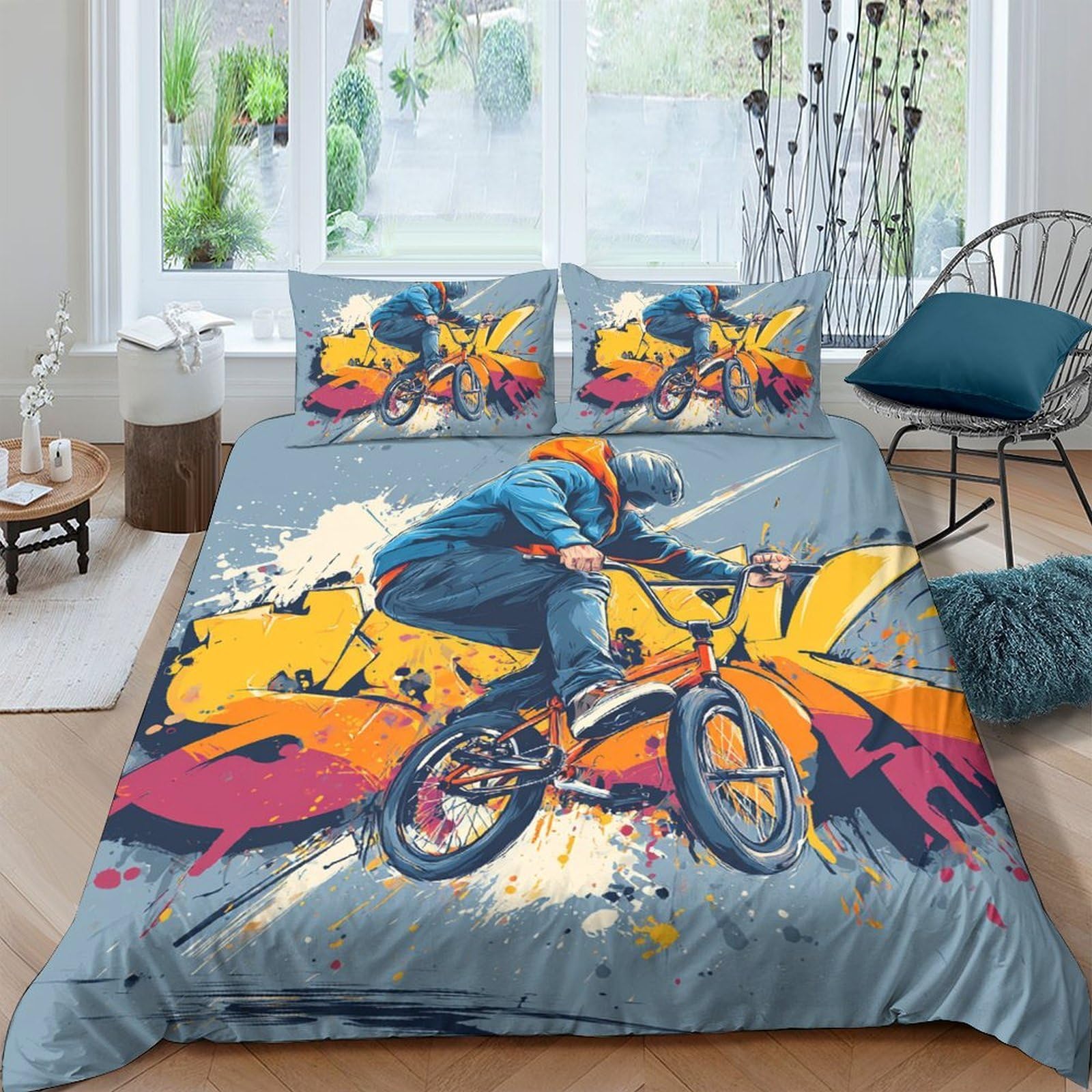 Ctjqhvkz Style-9 3D Printed Bmx Graffiti Fitted Sheet Microfiber Soft Breathable Street Art Bed Cover For Bedroom Dorm Mattress Protection Decor Single（135X200cm）
