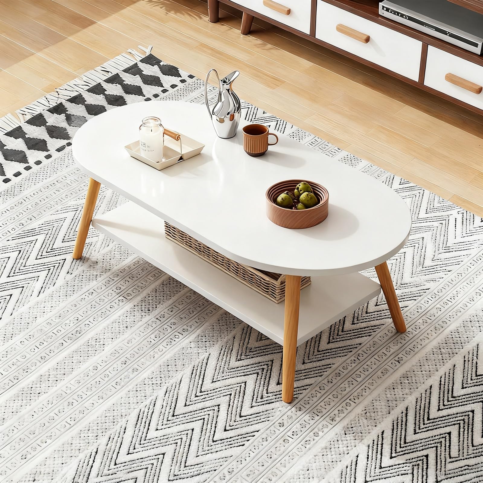 Table basse bois 120 cm à 2 niveaux blanc minimaliste pour le salon