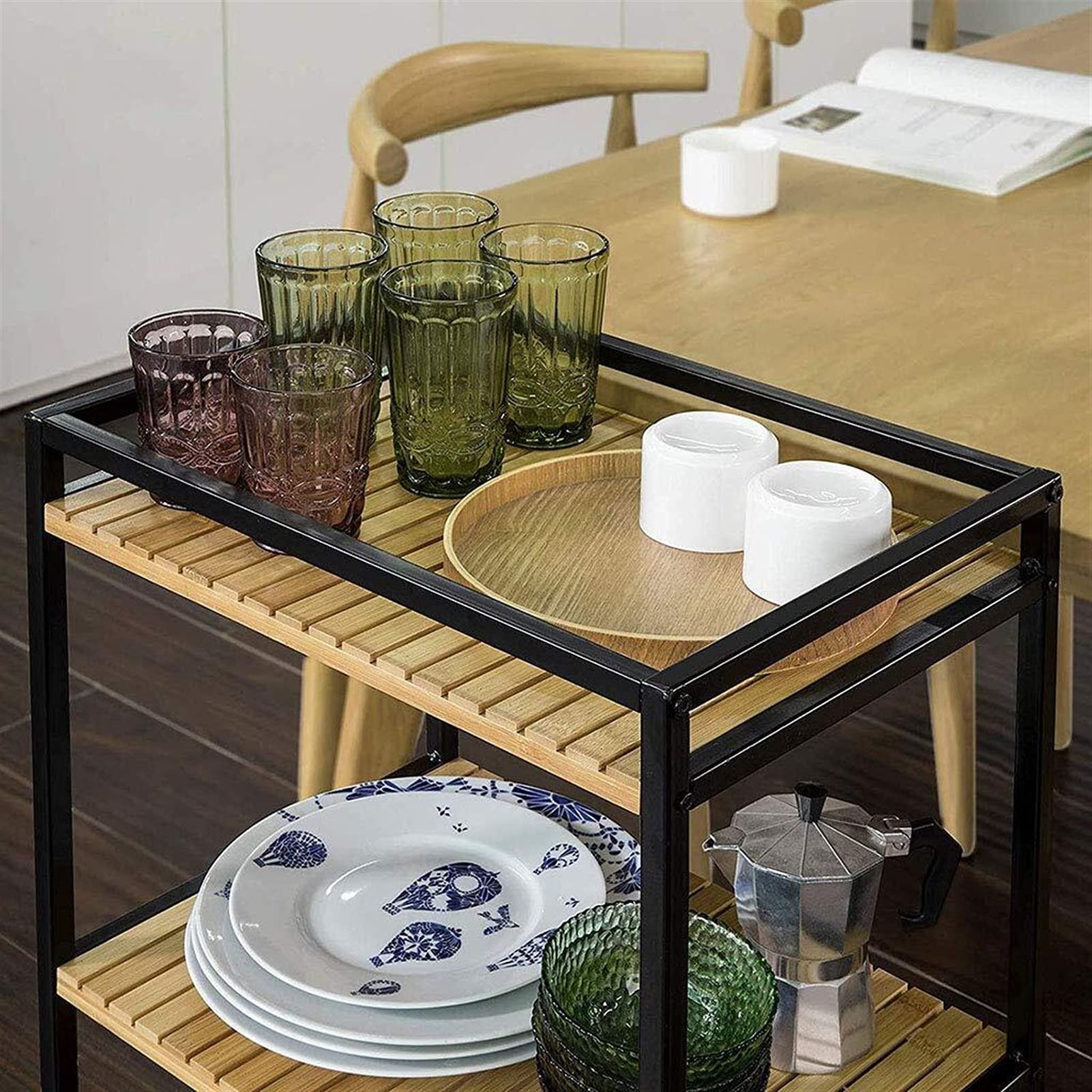 Carrello di Servizio a 2 Livelli in Ferro battuto Casa Ristorante Hotel Ruota dell'Acqua del Vino Condimento Portapiatti per Frutta Carrello portaoggetti Multifunzionale (Nero, 78