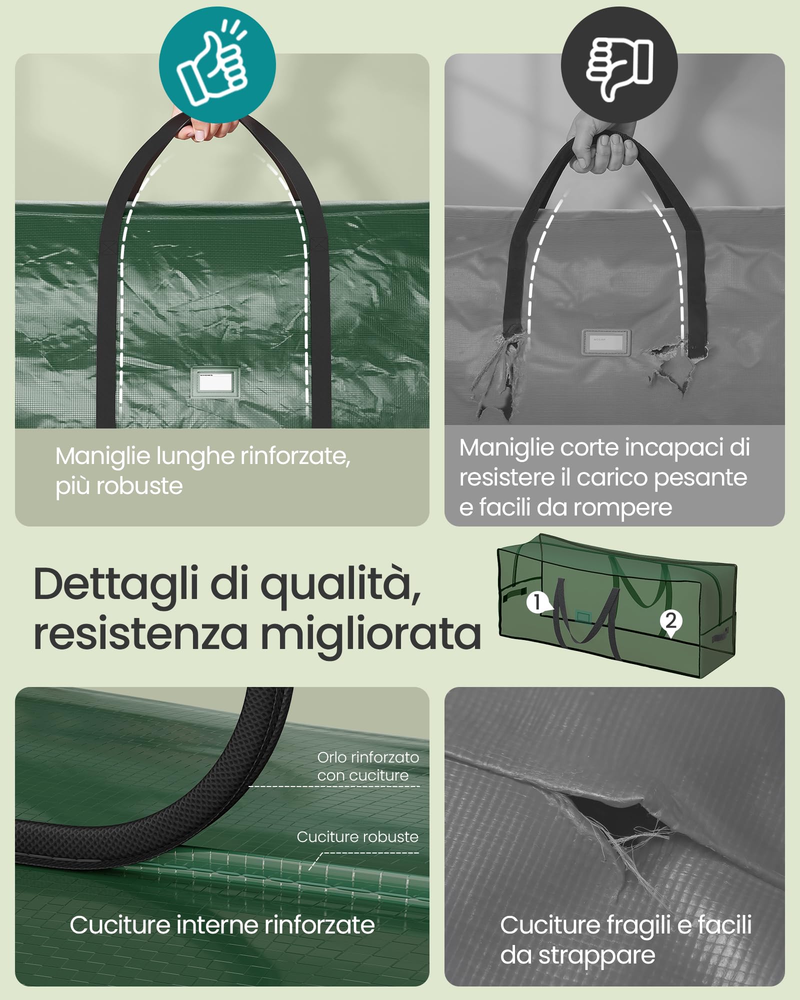 SONGMICS Borsa per Albero di Natale, Custodia per Albero Smontabile fino a 274 cm, Cuciture Interne Rinforzate, Maniglie Lunghe, con Cerniera, PE, Verde RXS006C01
