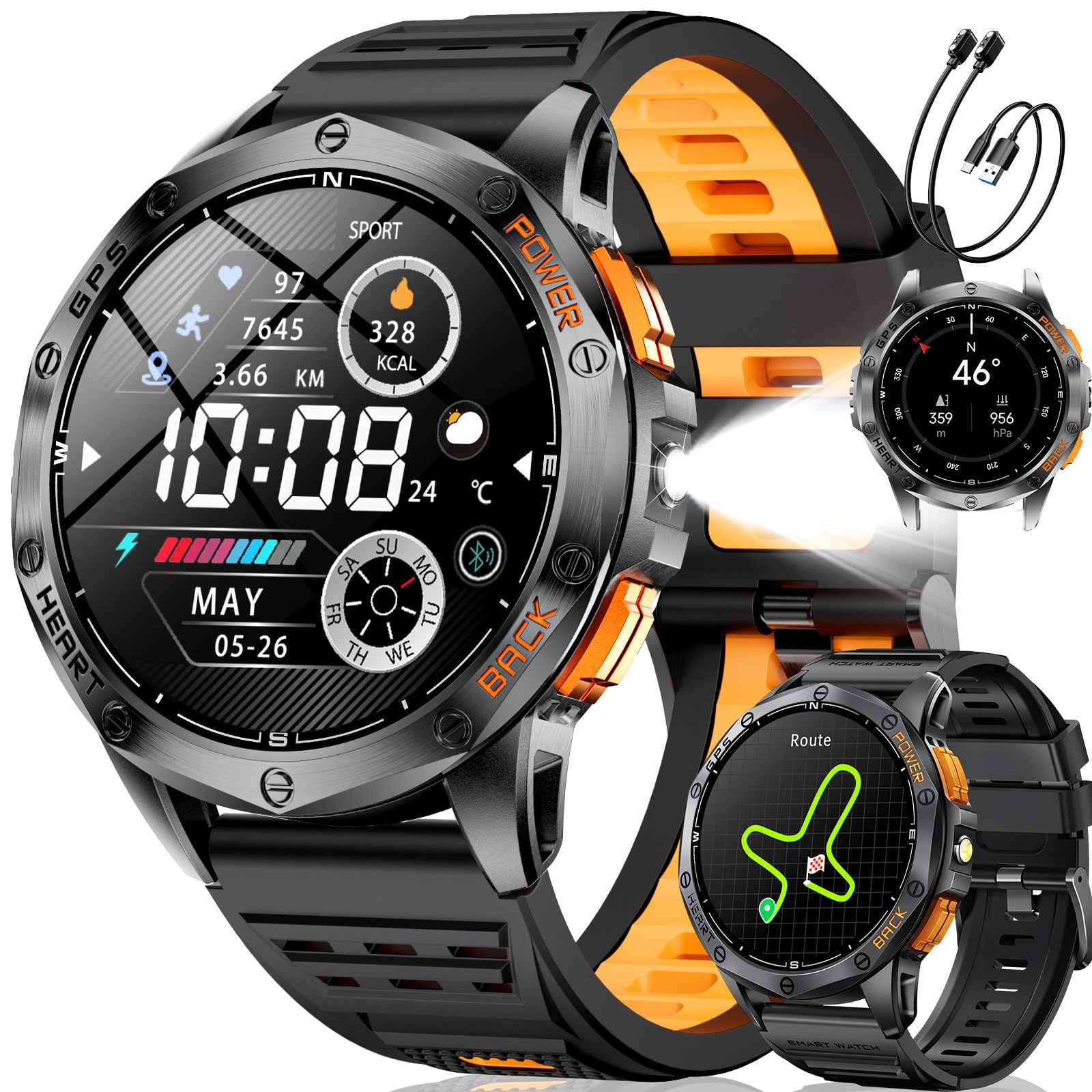 LIGE GPS Smartwatch Herren, Barometerdruck/Höhenmesser/Kompass, 1,43" AMOLED Smart Watch mit LED Taschenlampe/170+ Sportmodi/5ATM/Bluetooth Anrufe/Gesundheitsmonitor für Android iOS