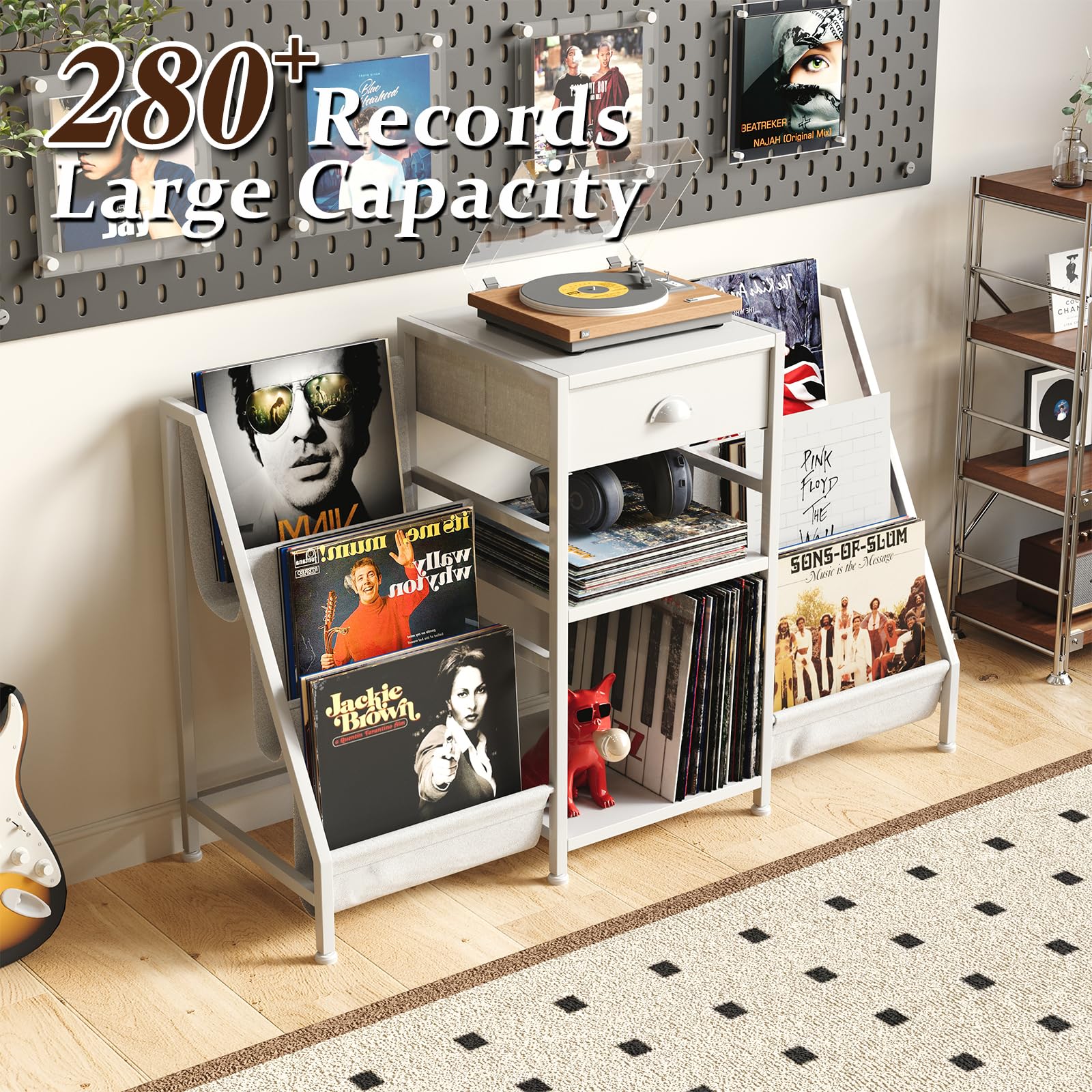 Plattenspieler Ständer Weiß mit Schublade – Vinyl Aufbewahrung für bis zu 280 LPs – 3 Ebenen Schallplattenständer mit Stoff Halterungen – Moderner Turntable Stand & Medientisch für Wohnzimmer