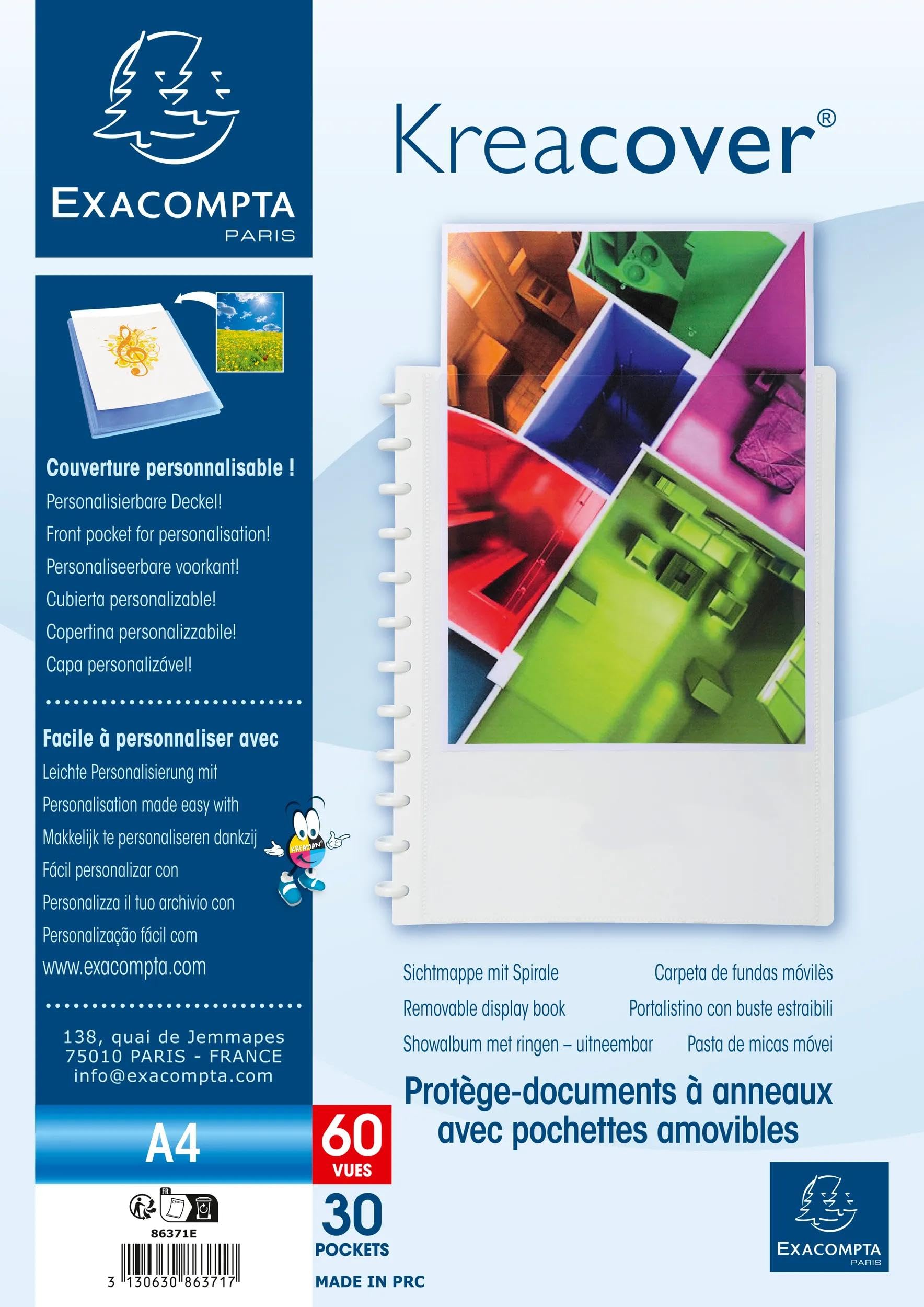 Exacompta - Rif. Kreacover 86371E - Cartone da 4 portadocumenti rimovibile con 30 buste grana staccabili, 60 viste, formato A4, dim 24,5 x 31 cm, copertina rigida personalizzabile
