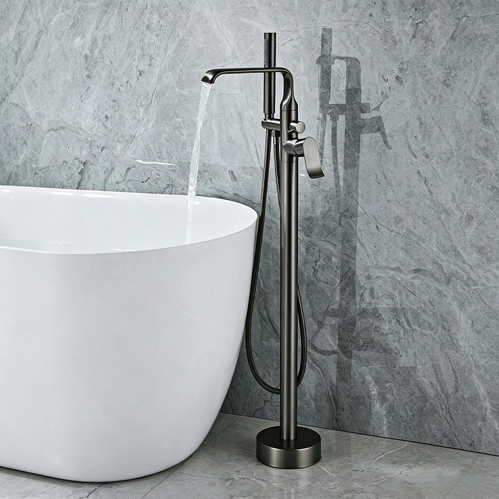 Mitigeur sur pied baignoire cascade gris pistolet avec douchette