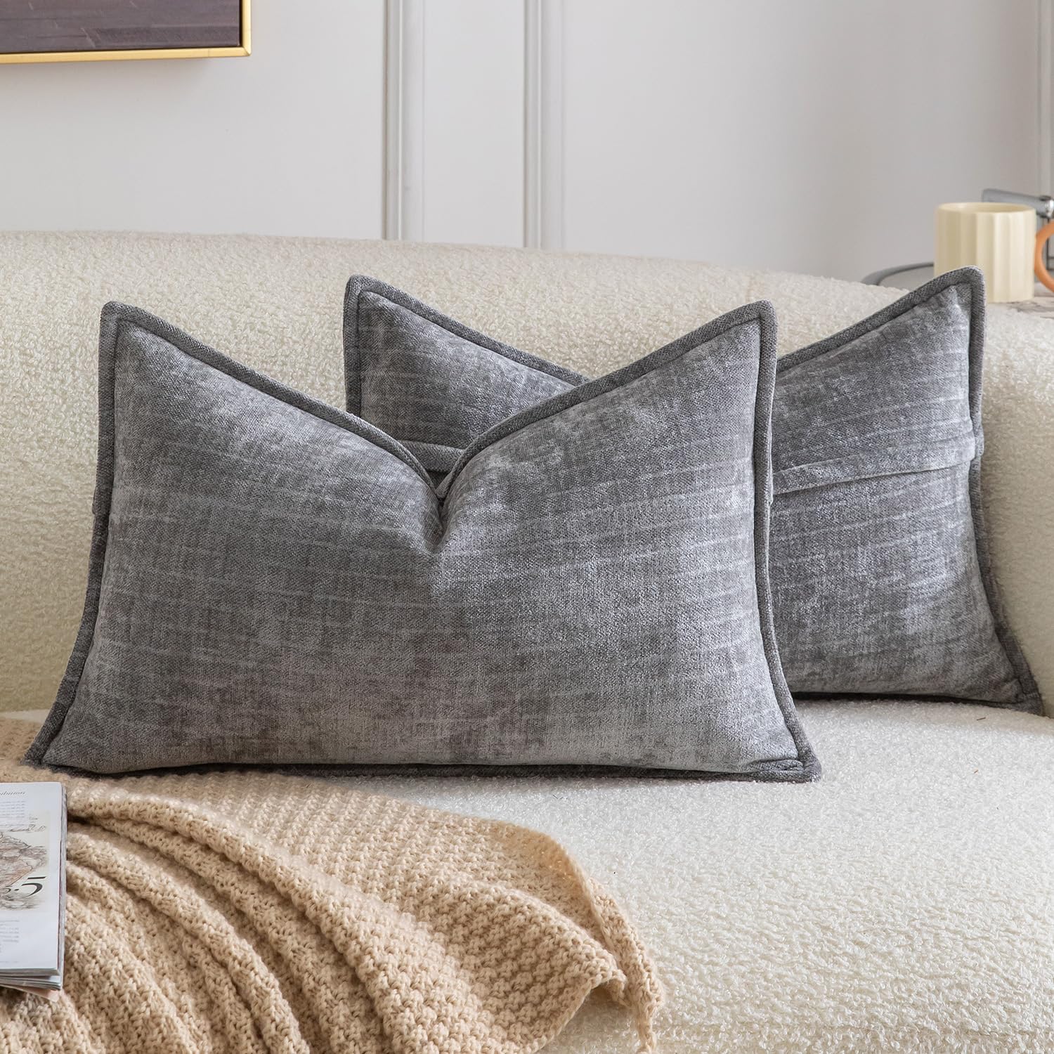 Madizz Pack of 2 Decorative Striped Cushion Covers Vintage Boho Soft Chenille Throw Pillows Luxurious Pillow Cases for Couch Sofa Bedroom Living Room 30x50 CM, Grey — image 1