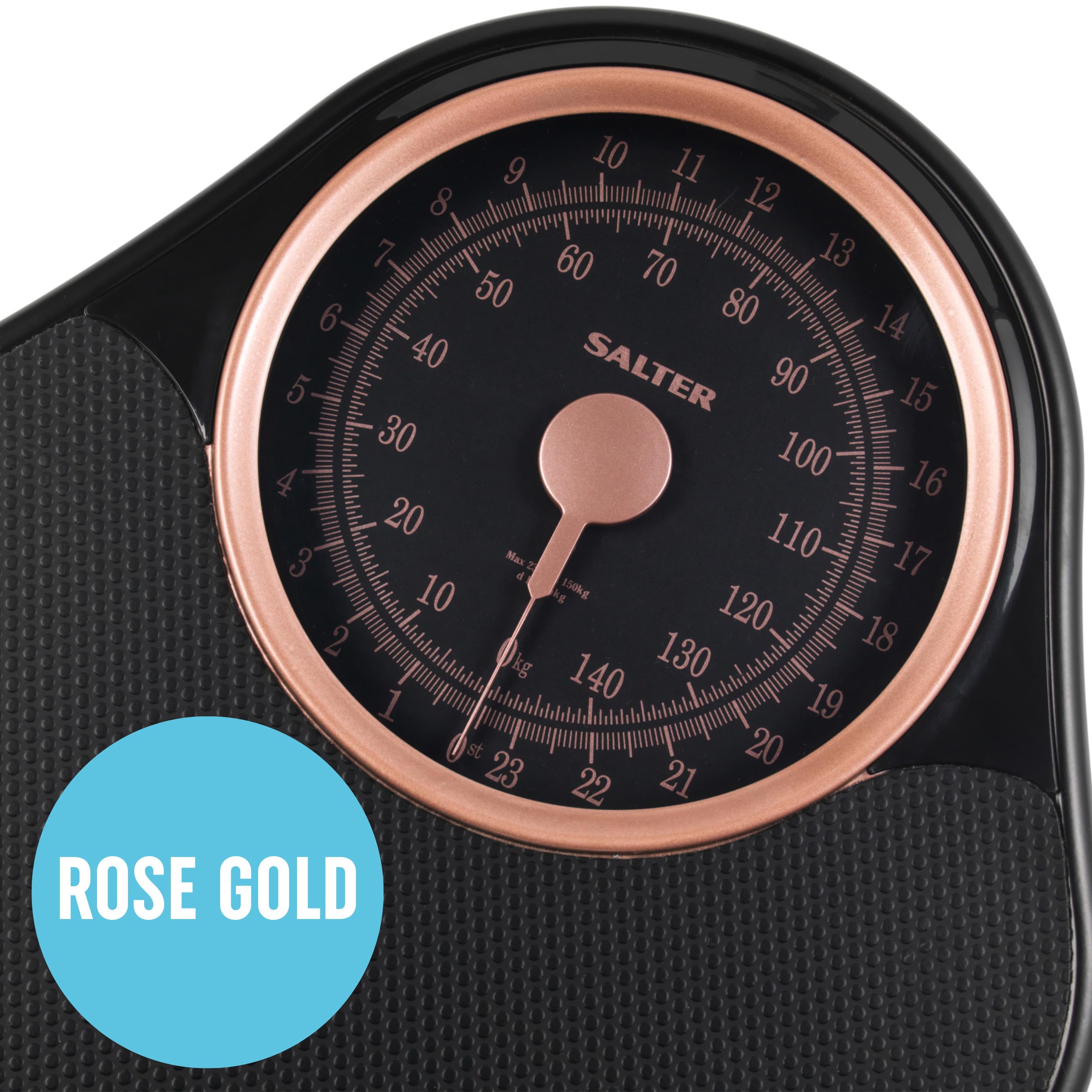 Salter Mechanische Personenwaage – Analoge Badezimmerwaage bis 150 kg, rutschfest, batterielos, leicht ablesbare Anzeige, präzises Wiegen, Rotgold