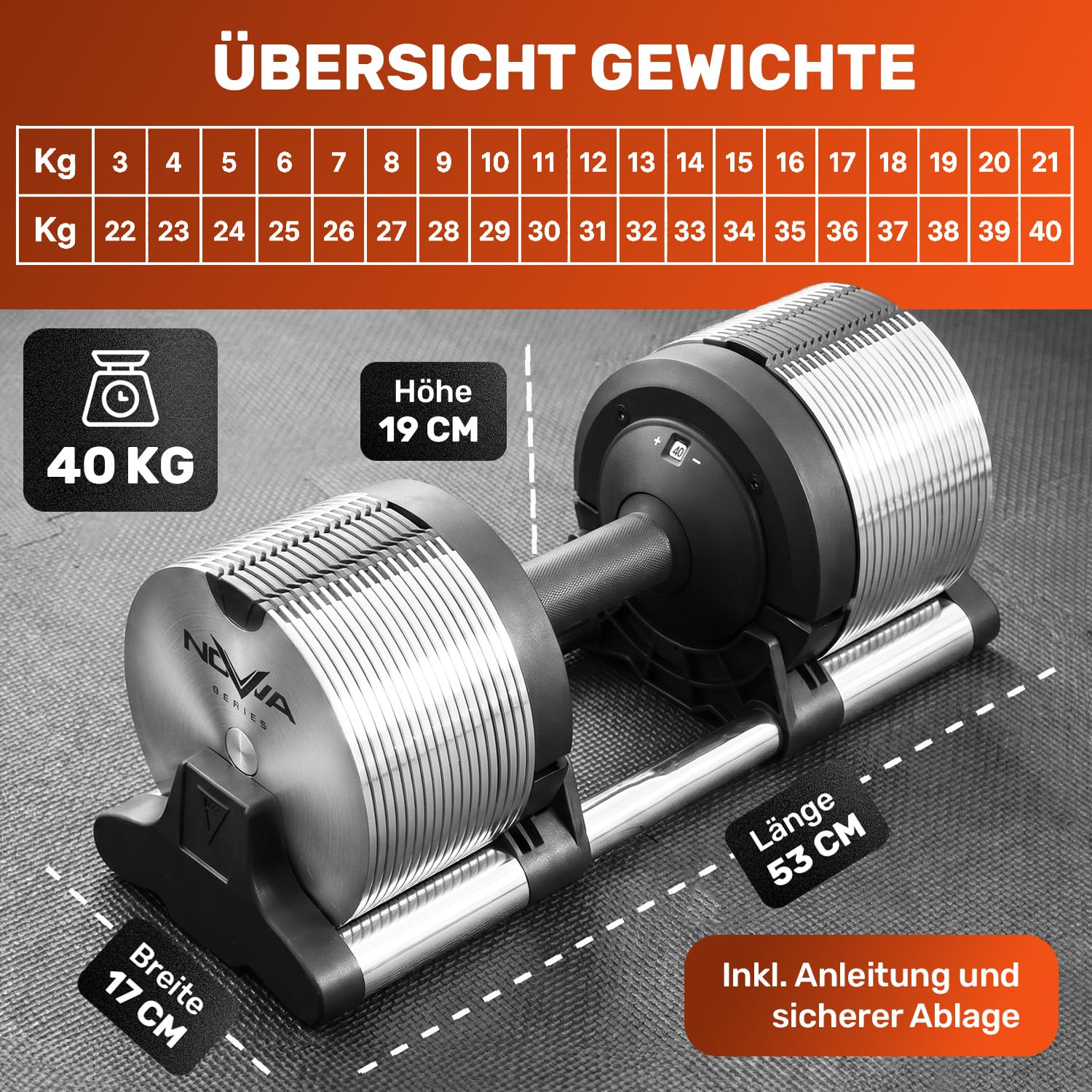 Verstellbare Kurzhantel 24kg | Nova Series | 12kg |18kg | 24kg | 32kg |40kg | 24 Gewichtseinstellungen | Einzelhantel | Verstellbare Kurzhantel | Hantel einstellbar und platzsparend [NOVA³ LOCK]