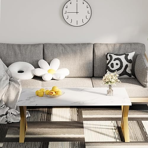 Miniatura 7 de Mesa de Centro para Sala de Estar Mesa Central Blanca, Mesa de Té Rectangular Simple y Moderna de Mármol Sintético con Marco de Metal Dorado Mármol