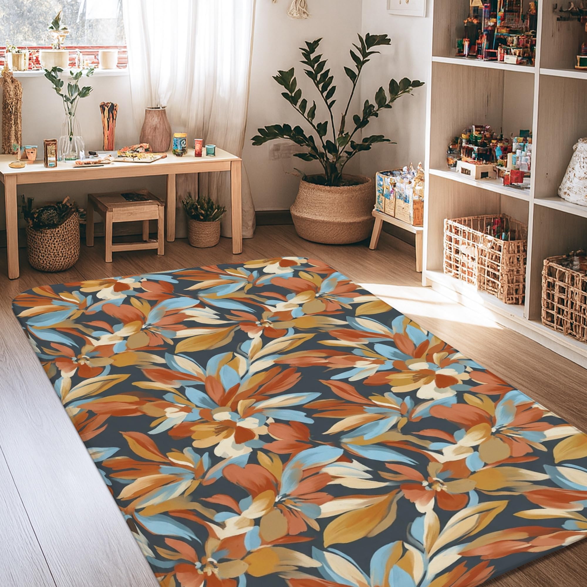 Alfombra de flores antimanchas de pelo bajo suave rectangular naranja otoñal moderna