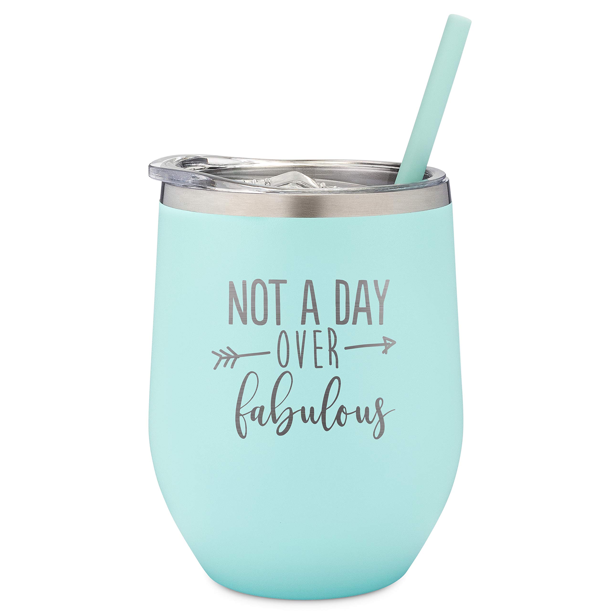 SassyCups Not A Day Over Fabulous Engraved Stainless Steel Vacuum Insulated Wine Tumbler with Lid and Straw | Birthday Wine Glass For Her | Cute Bday Glasses (12 Ounce, Mint)