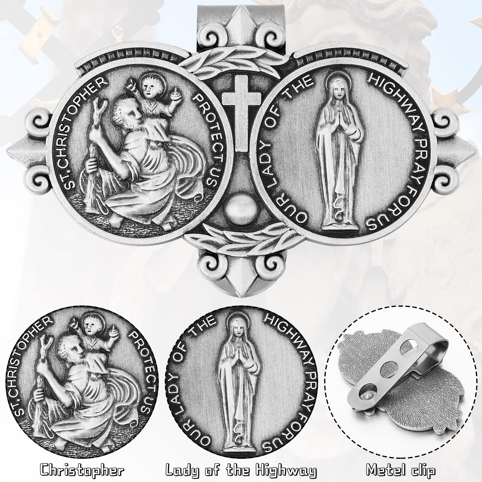 St Christopher Medal for Car St Christopher Catholic Visor Clip for Car Our Lady of The Highway Visor — view 2