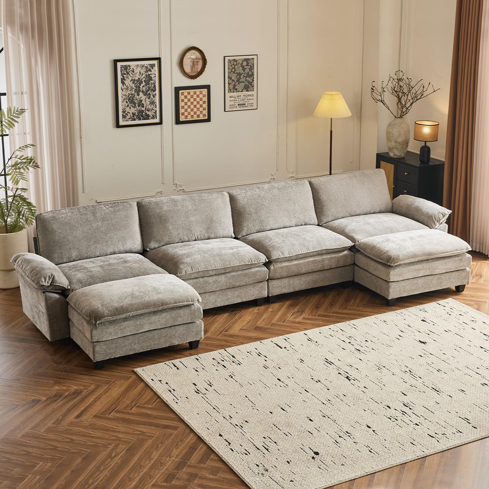 VINGLI 157" Light Grey Convertible Sectional Sofa, Comfy U-Shape Extra Deep Seat Sofa Couch for Living Room,Modern Chenille 4-Seat Convertible Sofa with 2 Movable Ottomans for Small Space