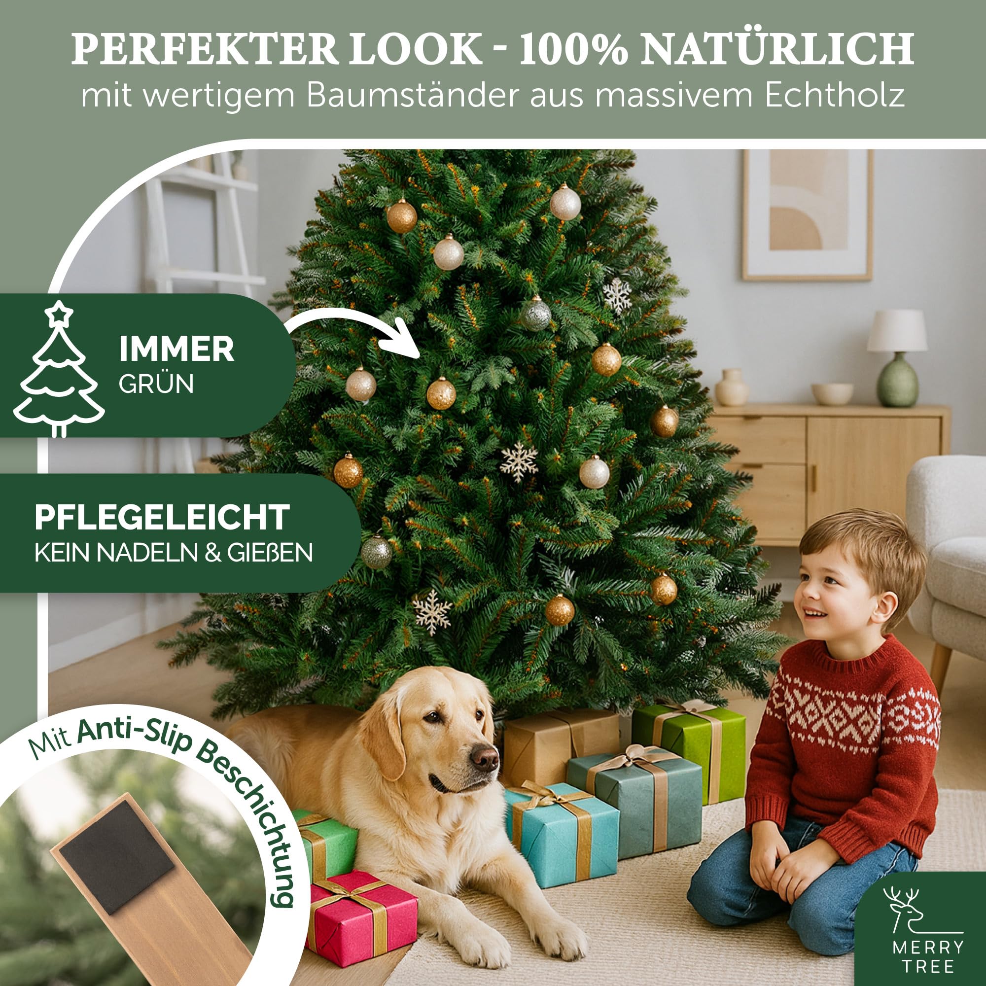 Premium künstlicher Weihnachtsbaum 180cm - großer Weihnachtsbaum Spritzguss Mix aus naturgetreuem PE + PVC + edlen Holzfuß - Stamm im natürlichen Look - Tannenbaum künstlich - Nordmanntanne